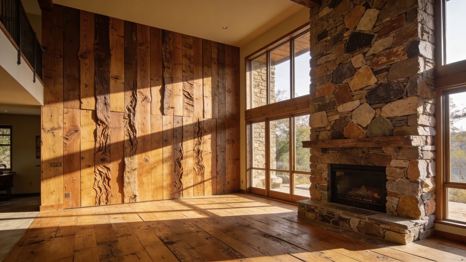 A wide-angle view of a rustic living room featuring textured reclaimed wood walls and a large stone fireplace illuminated by natural sunlight.