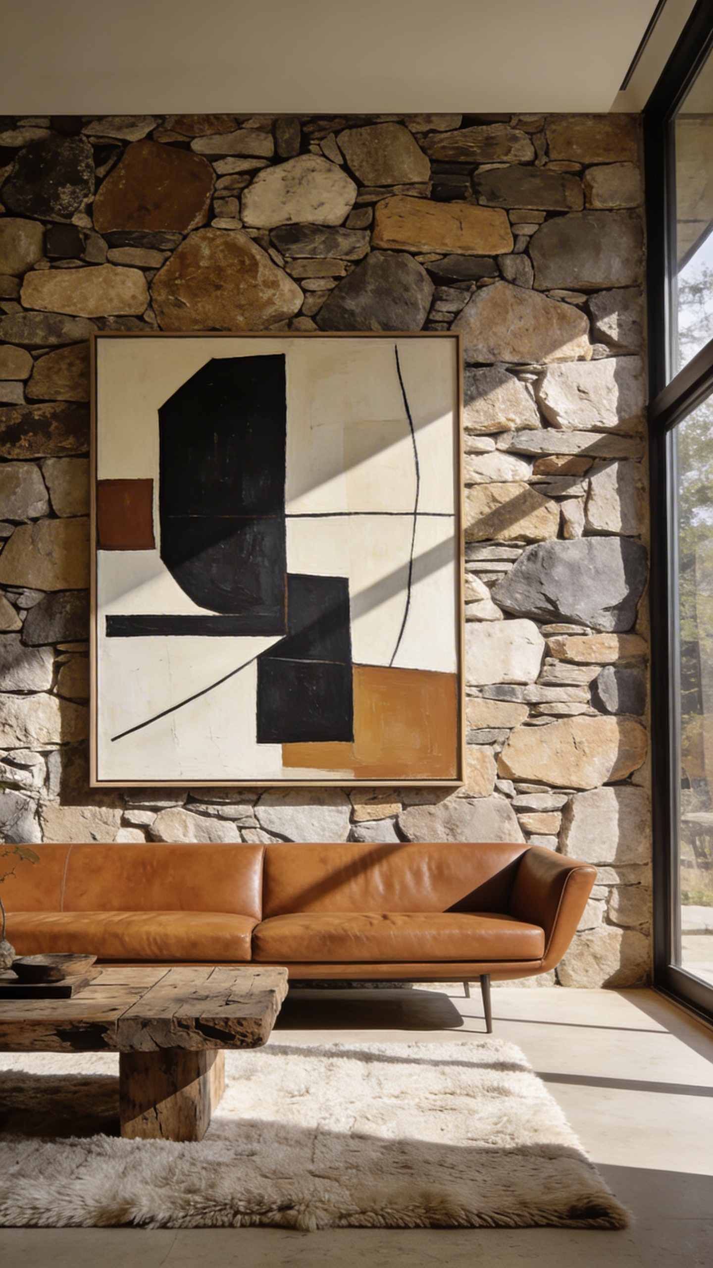 A modern geometric abstract painting displayed on a textured rustic stone wall in a luxury living room.