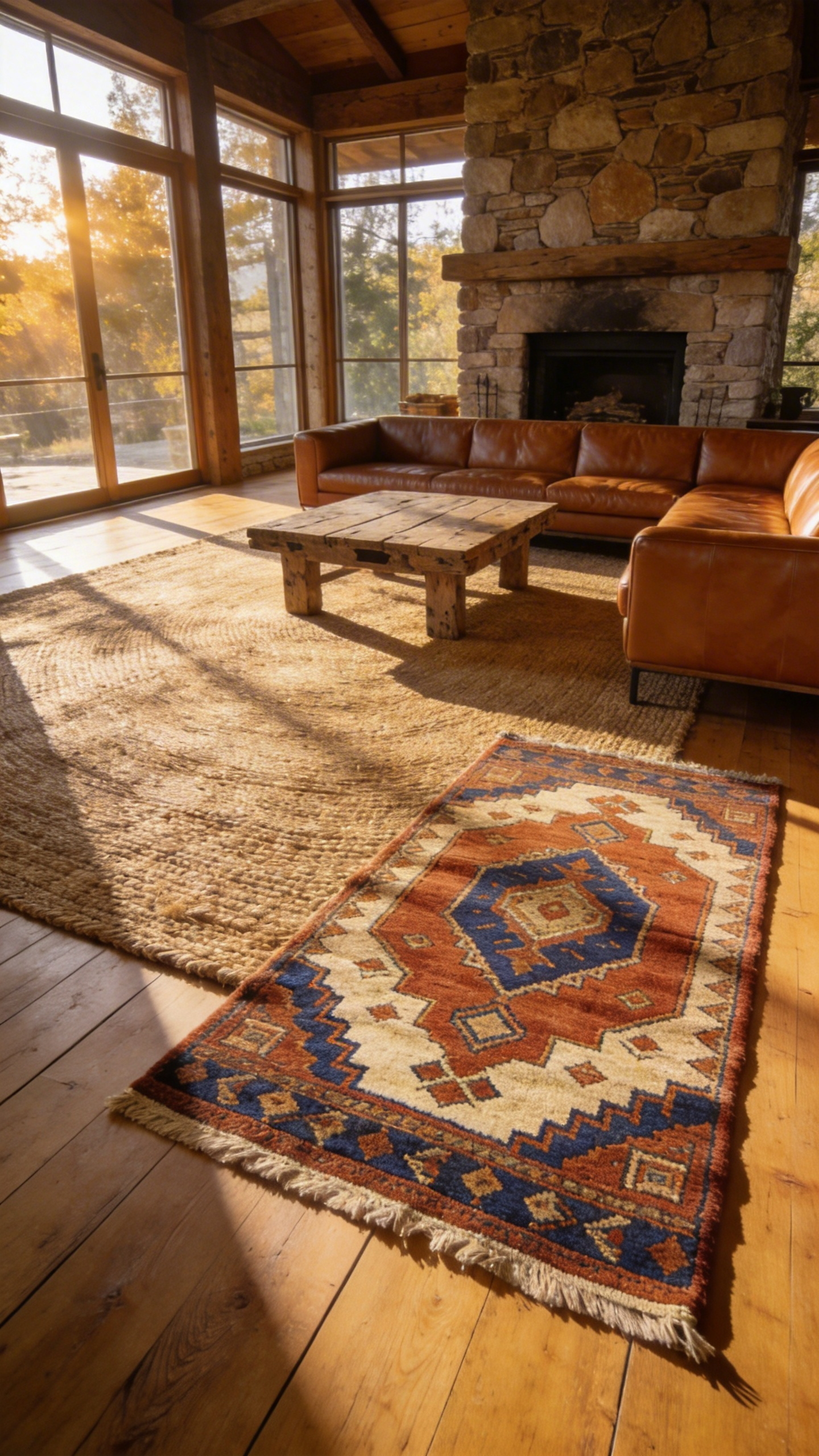 A rustic living room featuring a colorful vintage Kilim rug layered on top of a larger natural jute rug for a textured interior design.