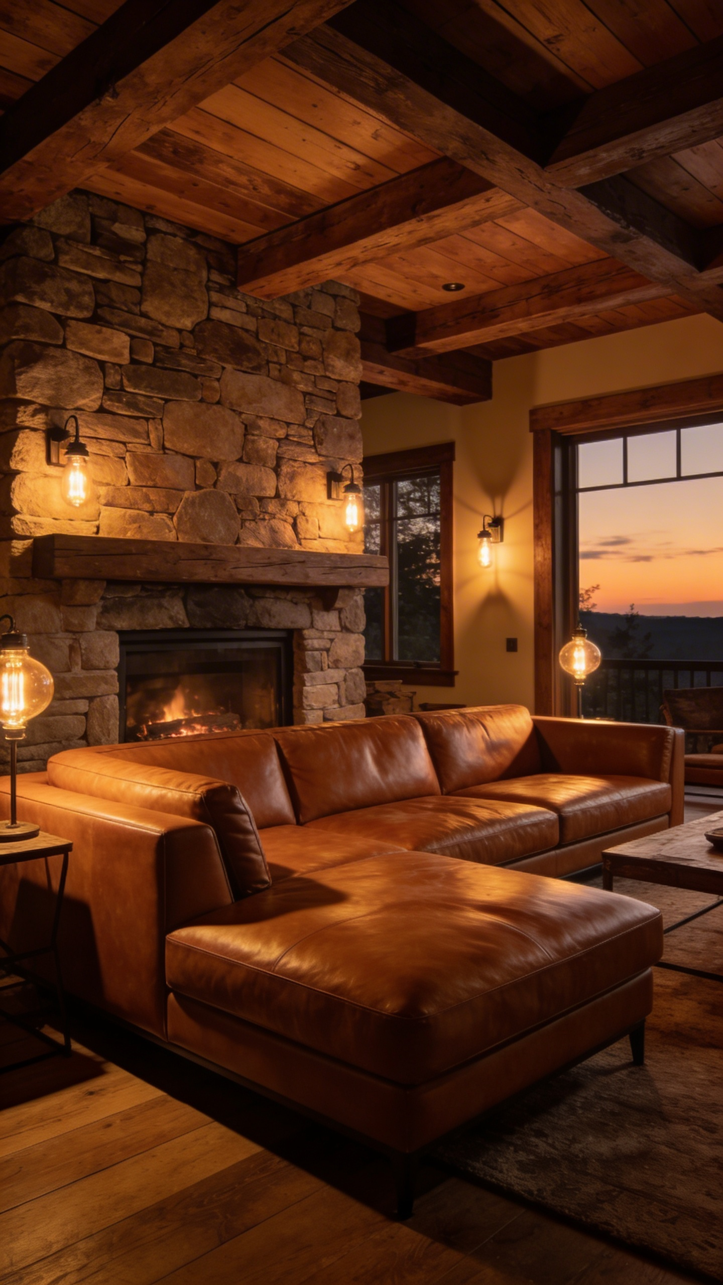 A cozy rustic living room featuring amber firelight-style lighting and textured cognac leather furniture.