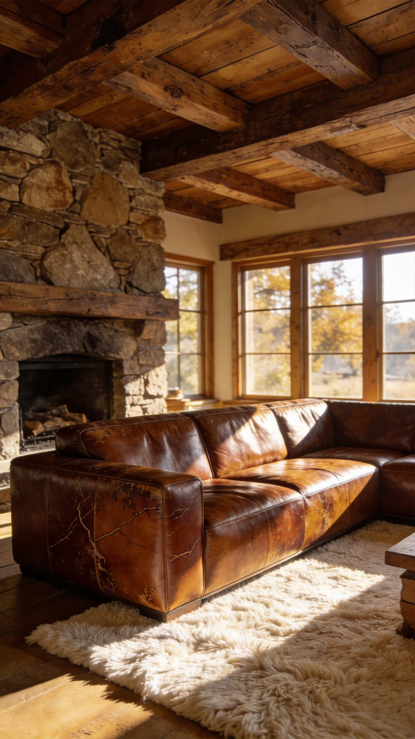 A sun-drenched rustic living room featuring a patinated full-grain leather sofa, reclaimed wood beams, and a natural stone fireplace.