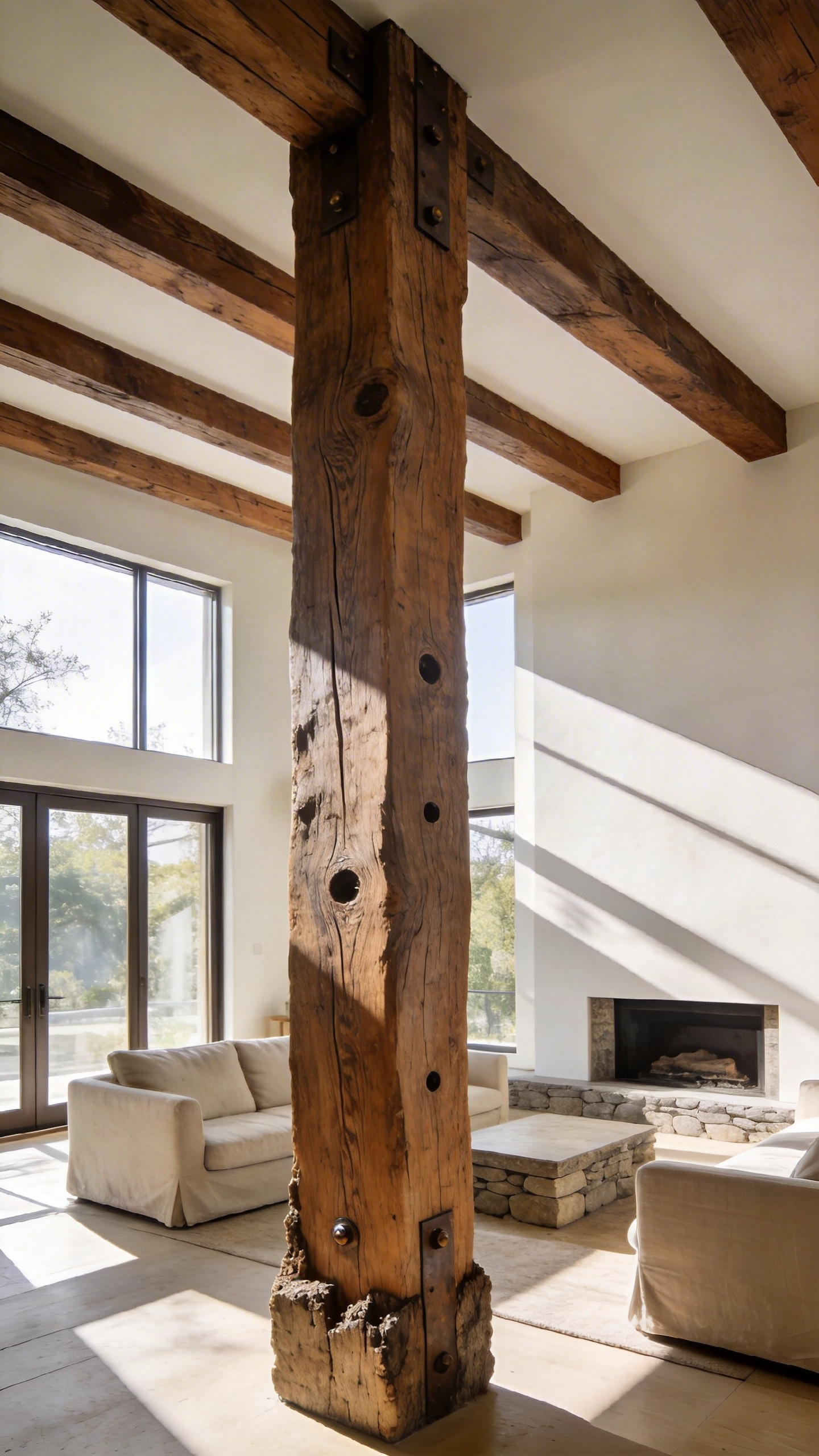 A modern rustic living room featuring a vertical reclaimed wood beam used as a sculptural art piece with visible bolt holes and weathered texture.