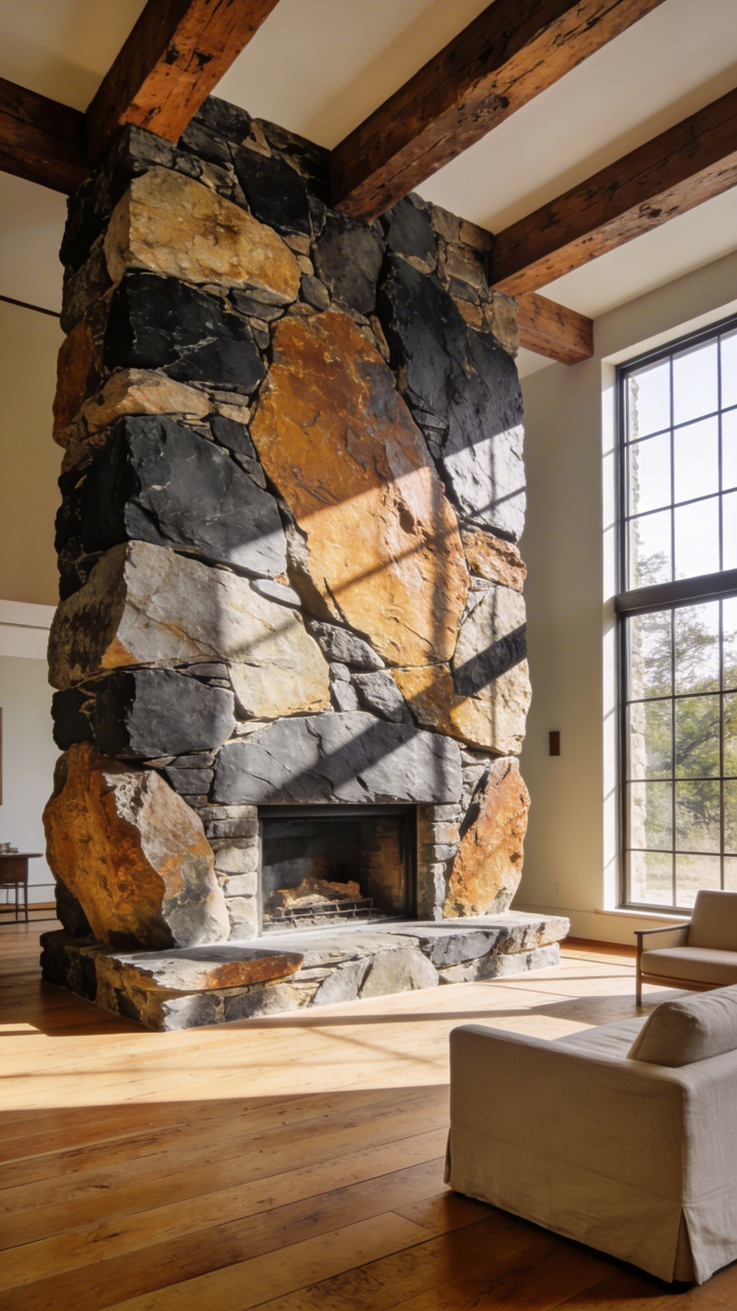 A floor-to-ceiling rustic fieldstone fireplace anchoring a luxury living room with exposed wooden beams and natural lighting.