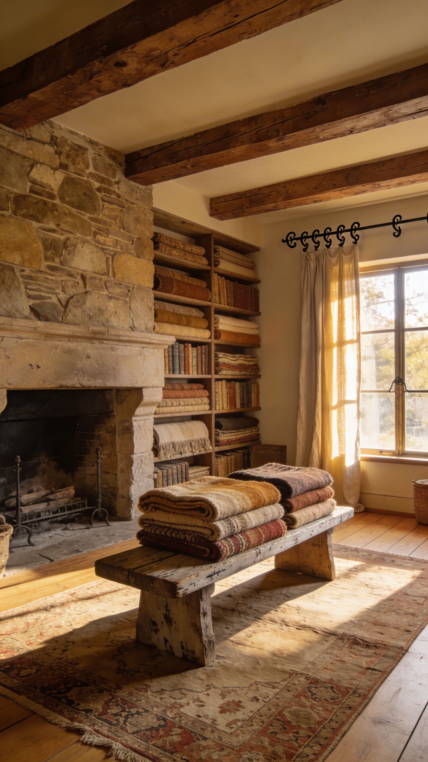 A rustic living room decorated with antique textiles including faded wool rugs and vintage linen throws emphasizing a curated conservation aesthetic.
