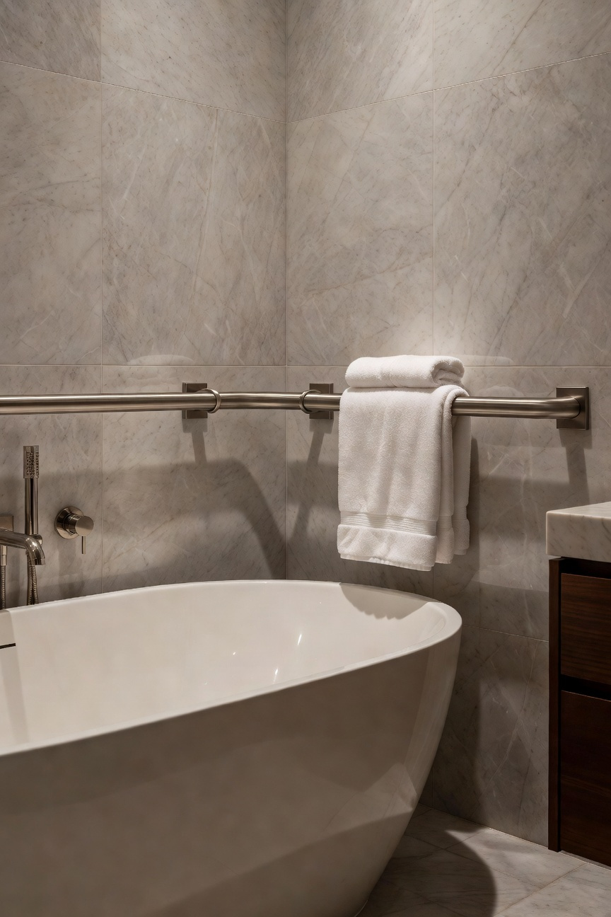 High-end modern bathroom featuring a freestanding bathtub and a sleek, robust stainless steel safety rail installed on the marble wall that doubles as a heated towel warmer.