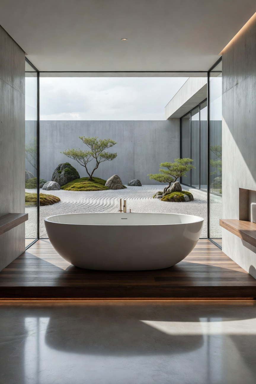 Sculptural freestanding bathtub centered on a raised wooden platform in a minimalist bathroom with floor-to-ceiling windows overlooking a private Zen garden, emphasizing the bathing area as a wellness focal point.