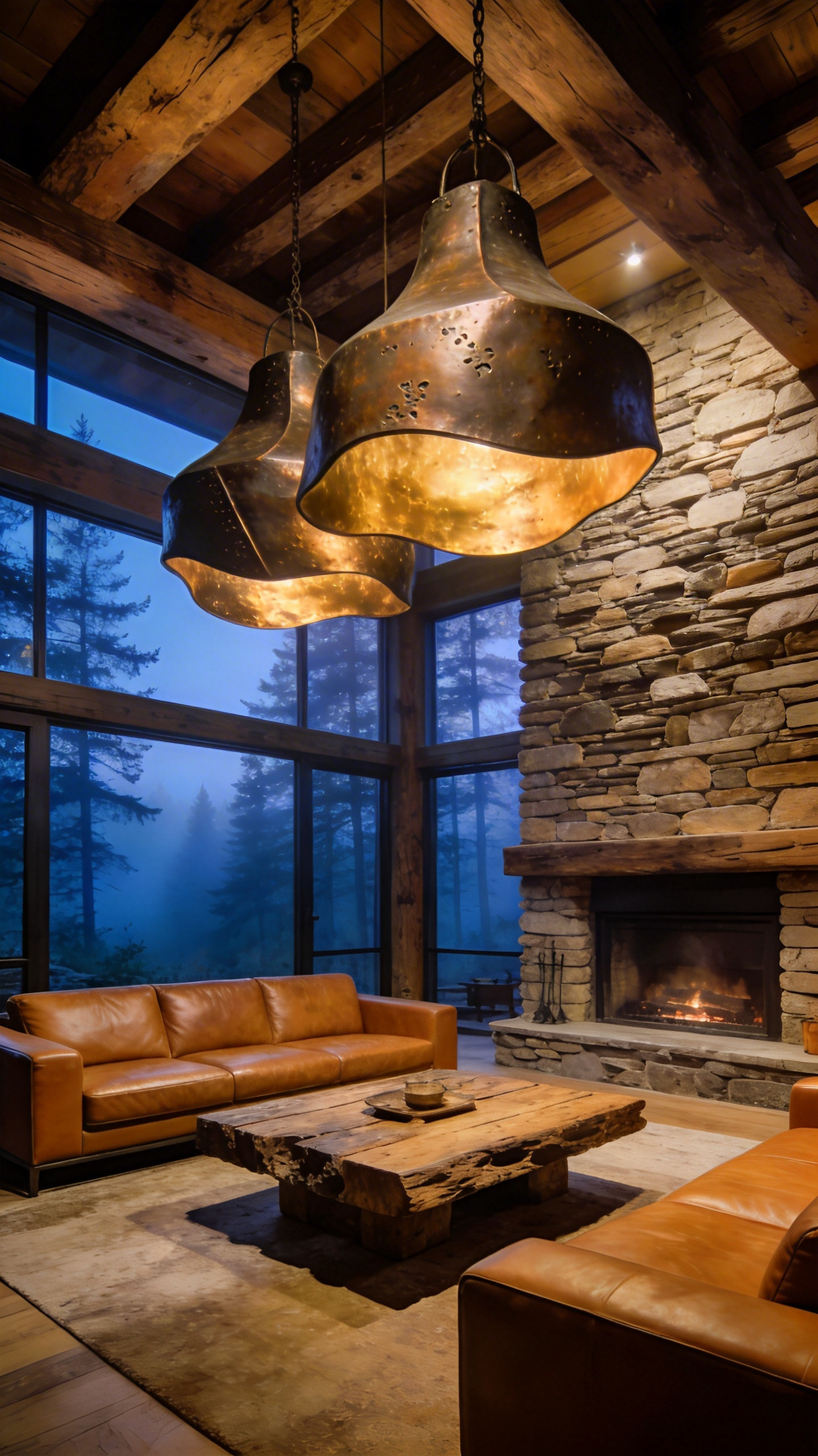 A modern rustic living room with hand-forged sculptural iron pendant lights, a leather sofa, and a stone fireplace.