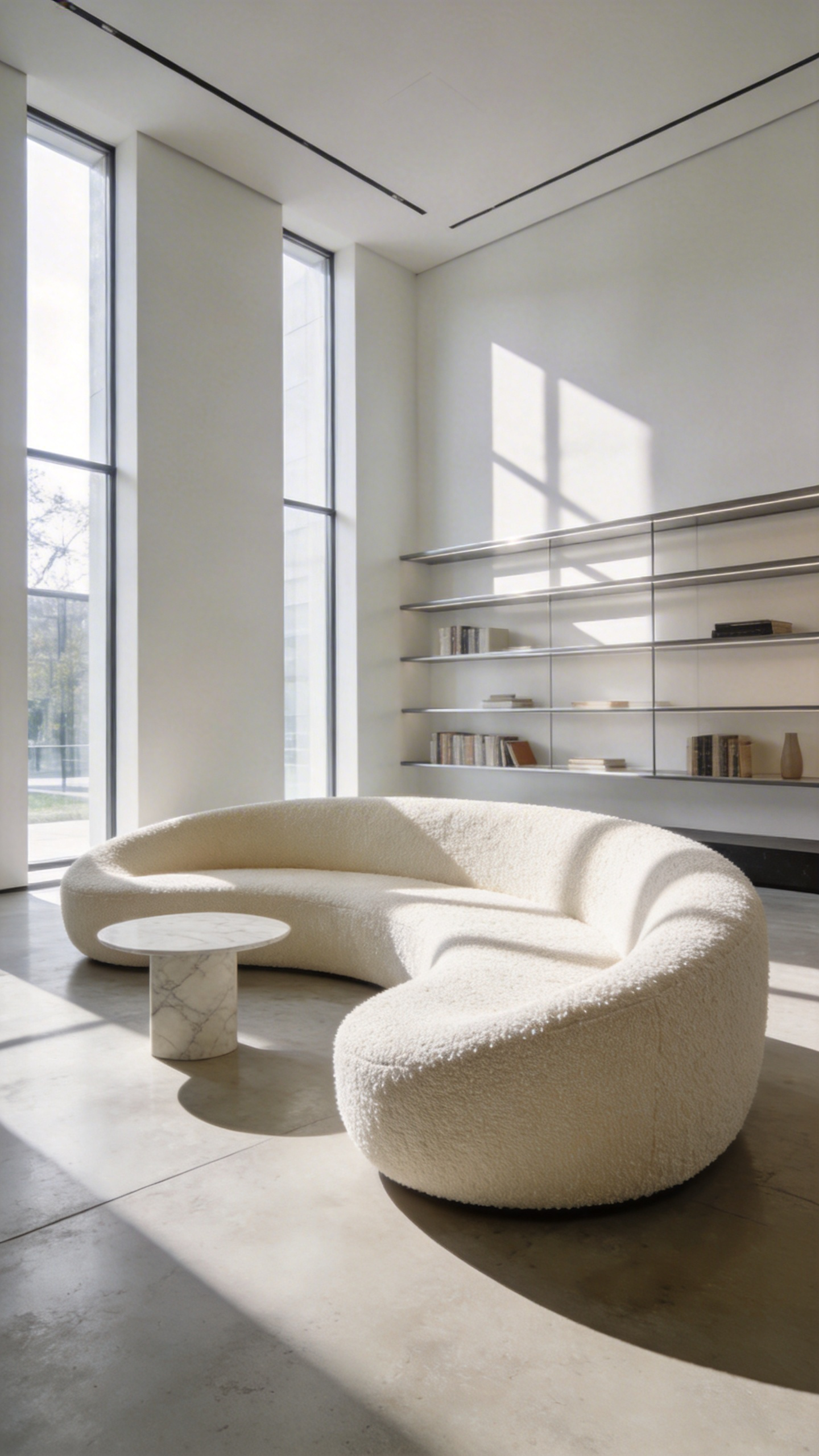 A modern living room with a large cream-colored curved sofa acting as a sculptural statement piece amidst minimalist linear architecture.