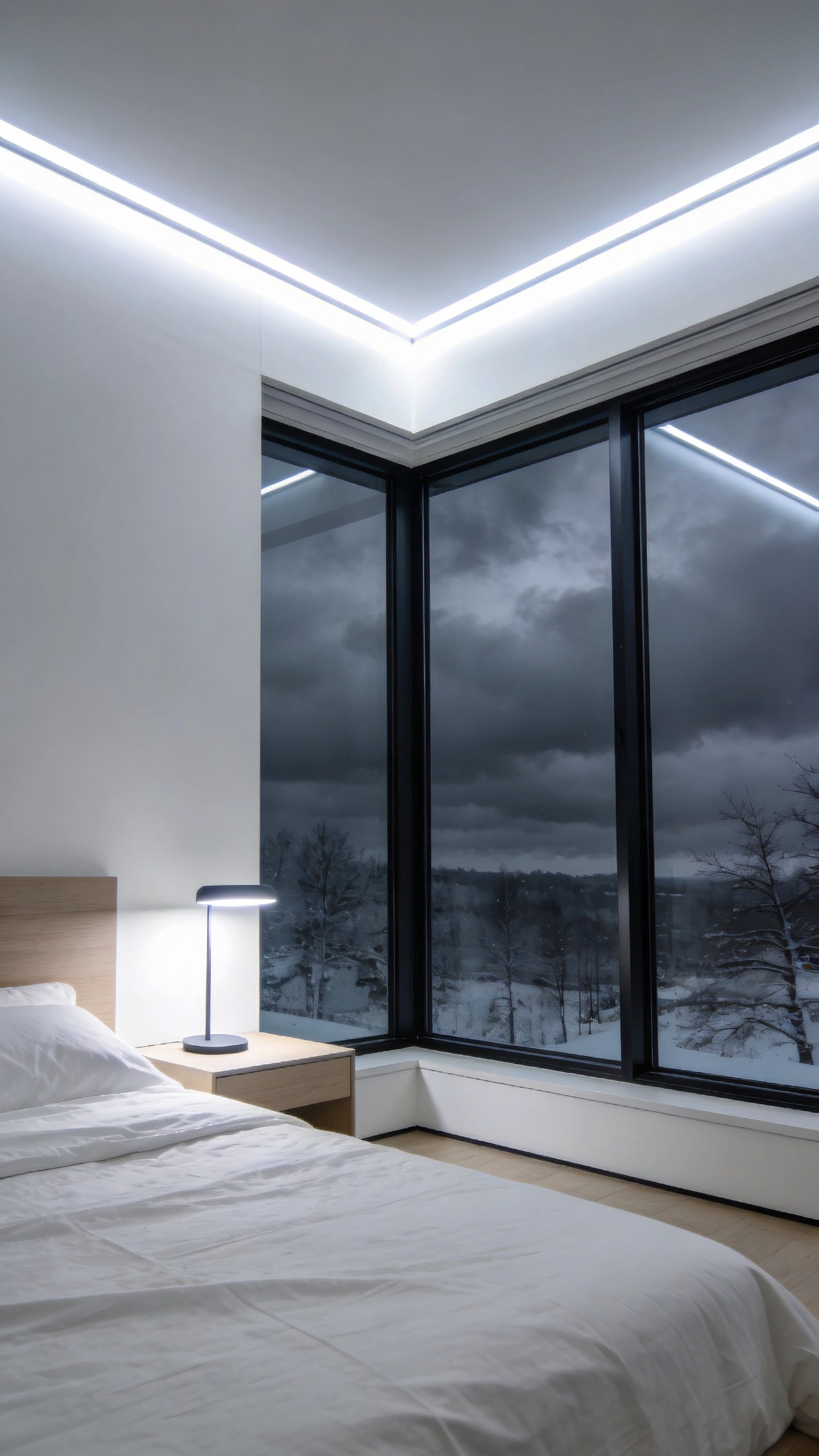 A modern bedroom interior featuring bright, stimulating cool-toned light (5500K) layering that intentionally contrasts with the grey, gloomy view of a winter morning visible through the large window.