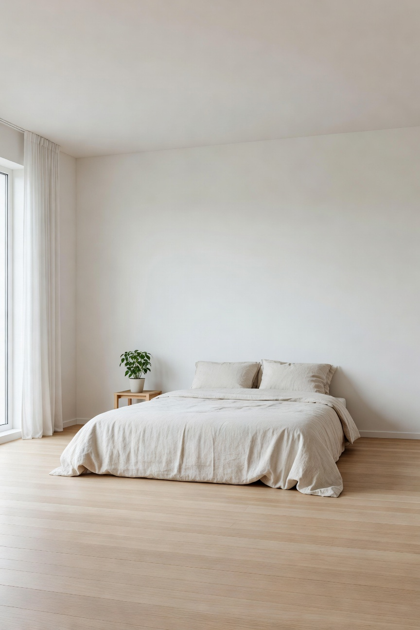 Ultra-clean, sunlit minimalist bedroom with a white platform bed, sheer curtains, and light wood floors, emphasizing open empty space and the complete absence of clutter.