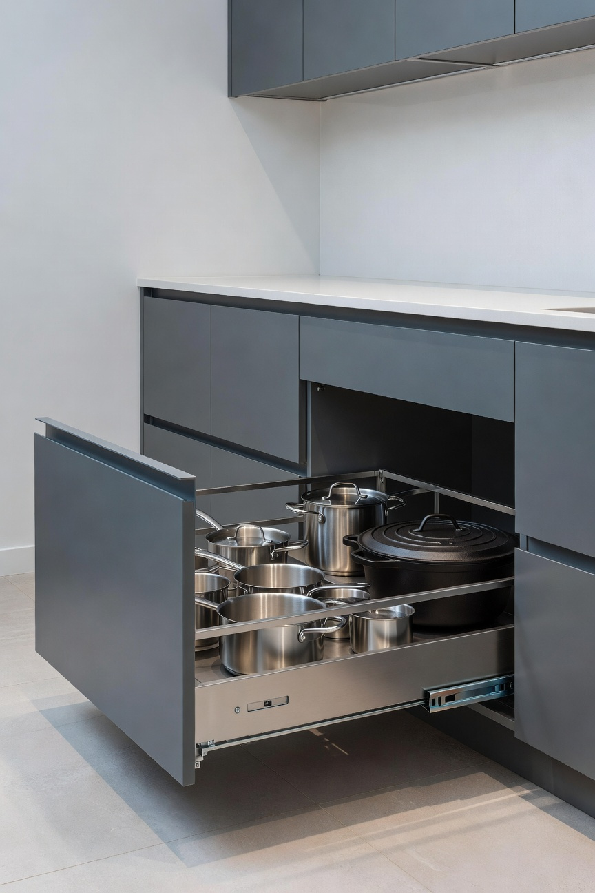 Full-extension lower kitchen drawer pulled out completely, showcasing heavy cookware stored efficiently in a modern, mechanized cabinet system with visible metal runners.