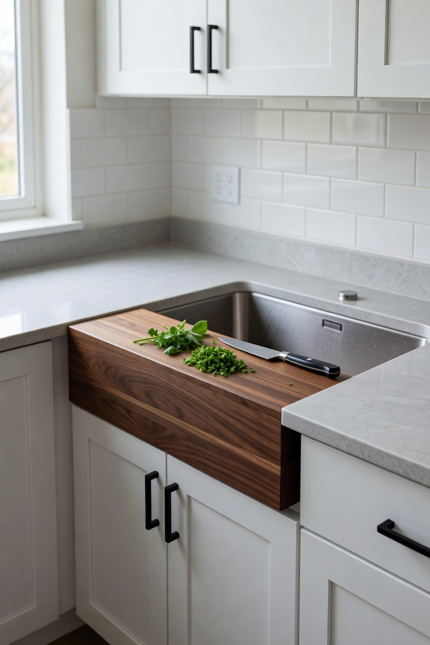 A wide view of a small modern kitchen showing a large wooden cutting board placed securely over the stainless steel sink, serving as temporary workspace for chopping herbs.