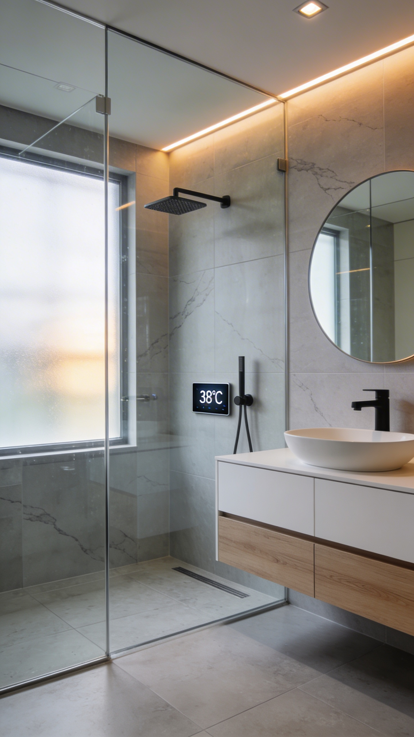 A modern minimalist bathroom featuring a digital thermostatic shower control and a touchless black faucet on a floating oak vanity.