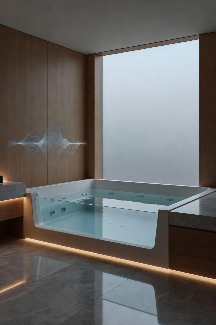 A luxurious, built-in therapeutic bathtub in a quiet, modern spa bathroom, designed with advanced features for acoustic dampening and noise reduction to ensure a sensory-friendly hydrotherapy experience.
