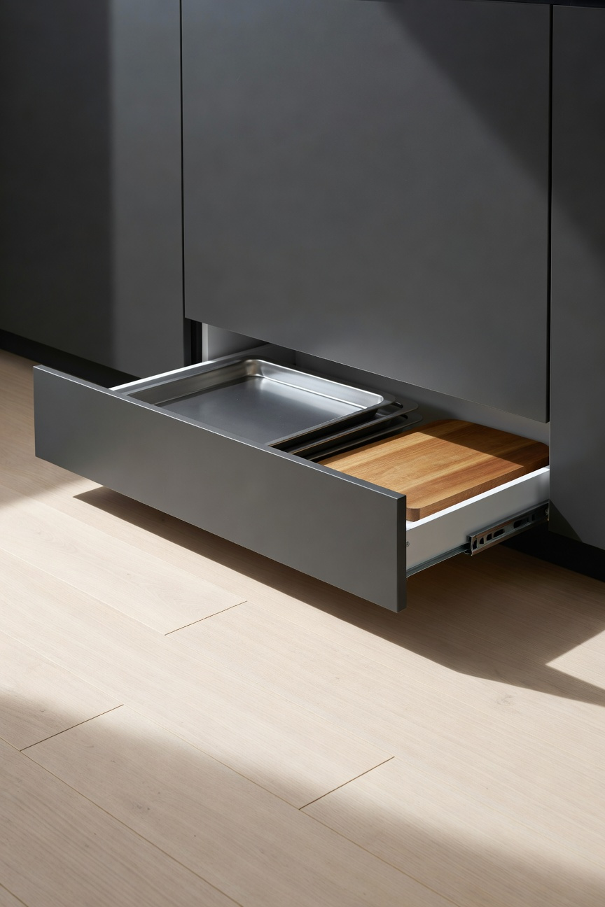 A photograph showing a shallow, hidden toe-kick drawer pulled out from the base of a modern kitchen cabinet, revealing storage space for flat items like baking sheets.
