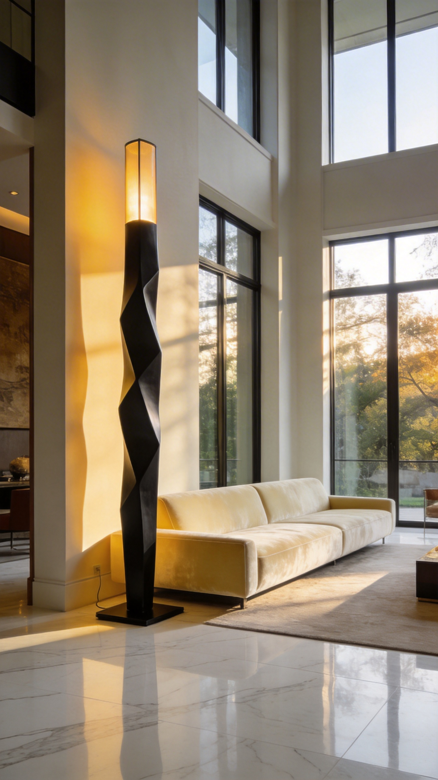 A modern living room interior featuring a tall sculptural floor lamp next to a minimalist sofa to illustrate vertical expansion in design.