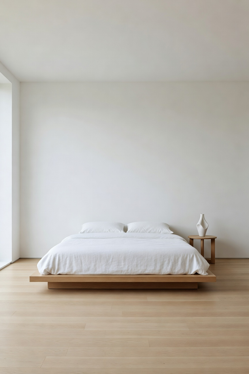 A photograph of a spacious, visually quiet minimalist bedroom featuring a low white platform bed and expansive empty wall space, designed to reduce cognitive load and promote relaxation.