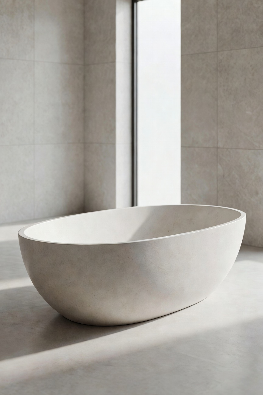 A photograph of a sleek, modern, freestanding bathtub made of volcanic limestone composite material set in a minimalist luxury bathroom with bright natural light.