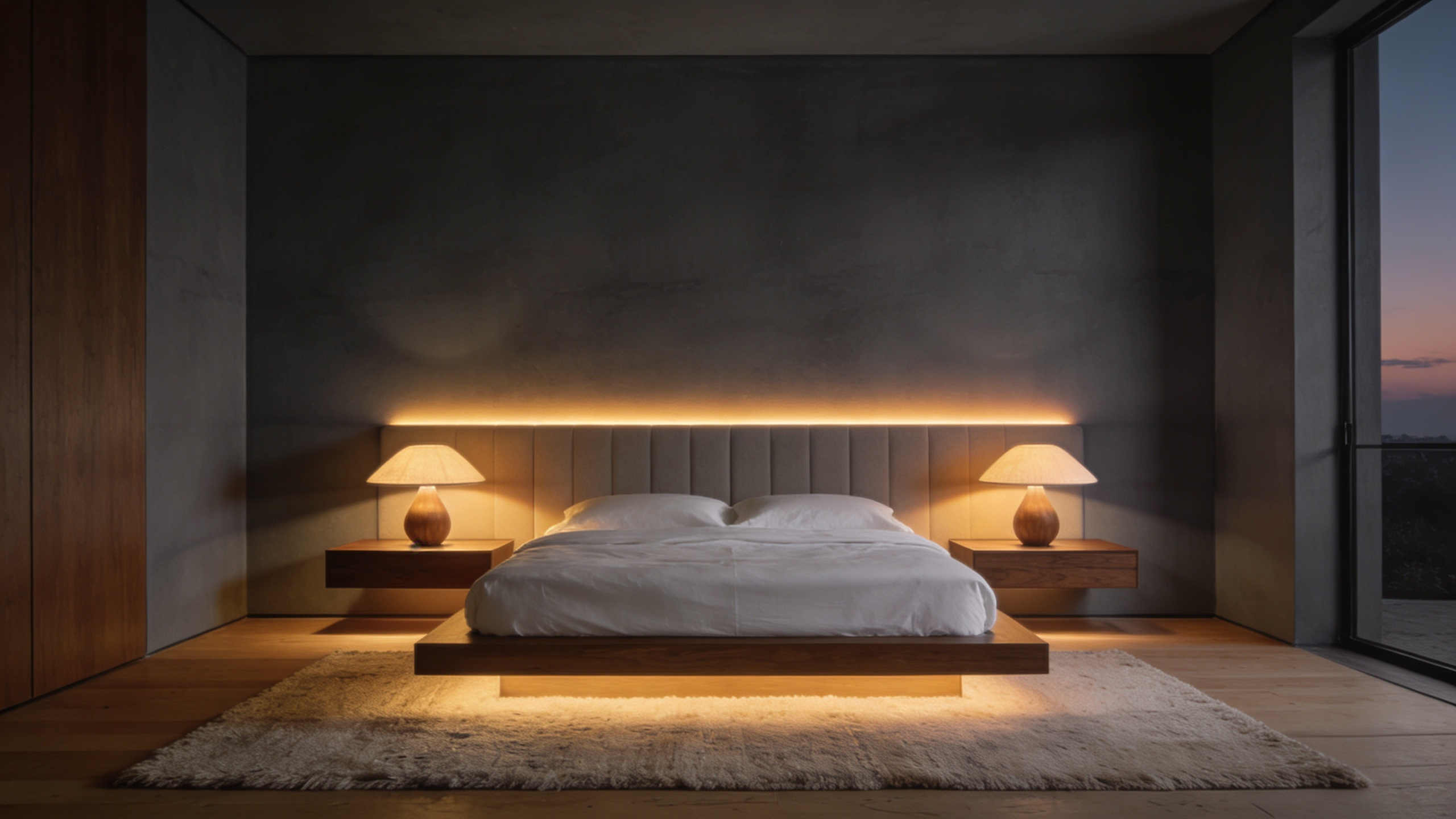 A photograph of a warm, minimalist master bedroom illuminated by soft, 2700K Kelvin temperature lighting from bedside lamps and a hidden headboard strip, emphasizing lighting choices that support healthy sleep cycles.