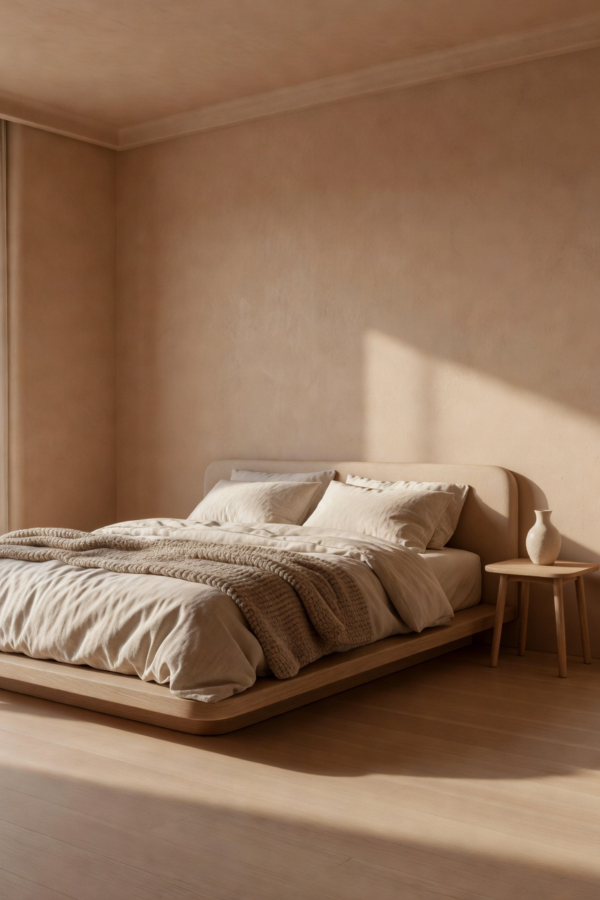 A serene warm minimalist bedroom featuring a low platform bed with creamy and mushroom-toned linens, clay-colored walls, and soft diffused natural lighting emphasizing texture.