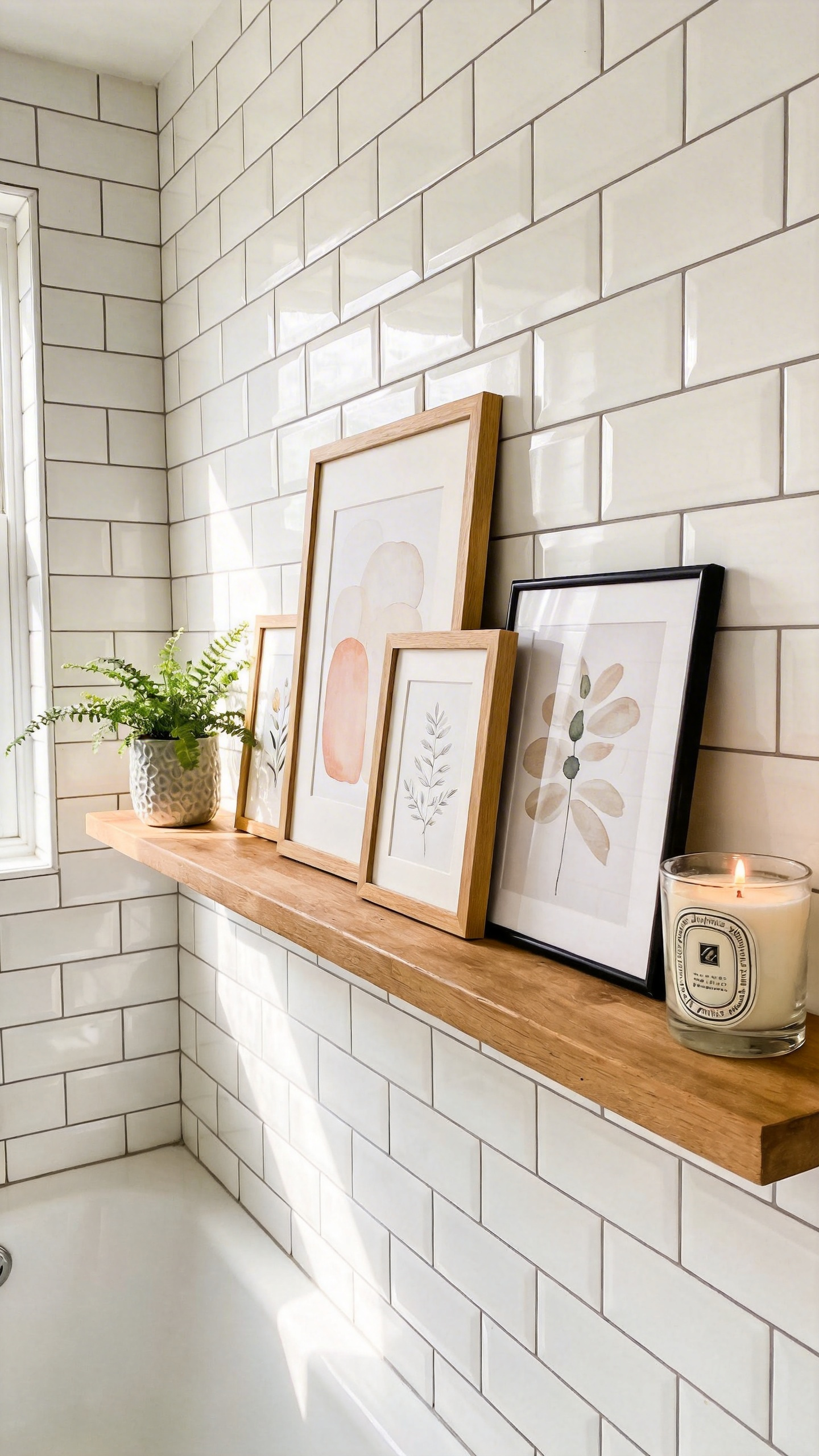 A collection of framed art prints leaning on a wooden floating ledge in a bright modern bathroom with white subway tiles.