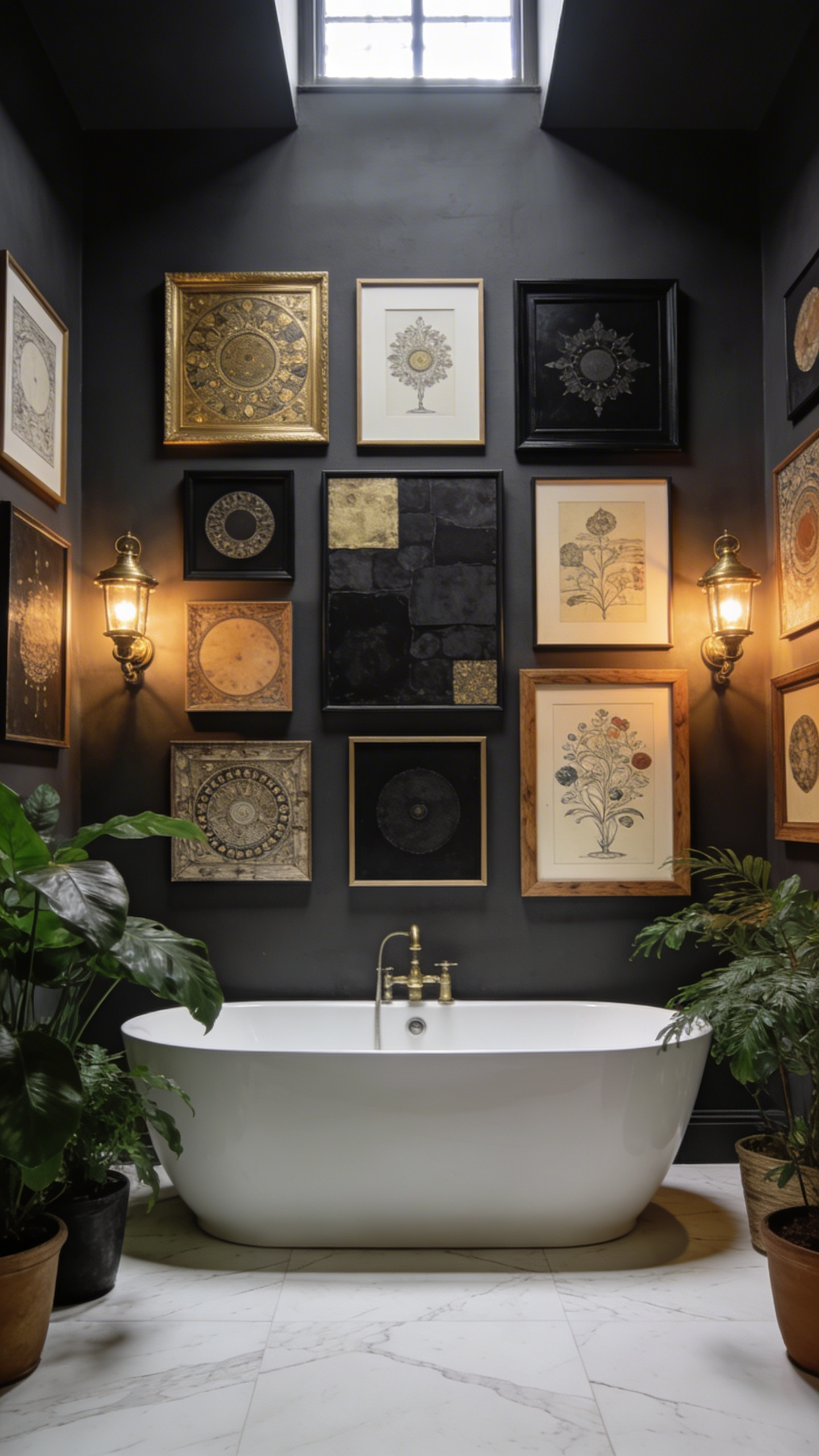 A dense and sophisticated gallery wall featuring varied mixed media art pieces above a white freestanding tub in a moody, luxury bathroom.