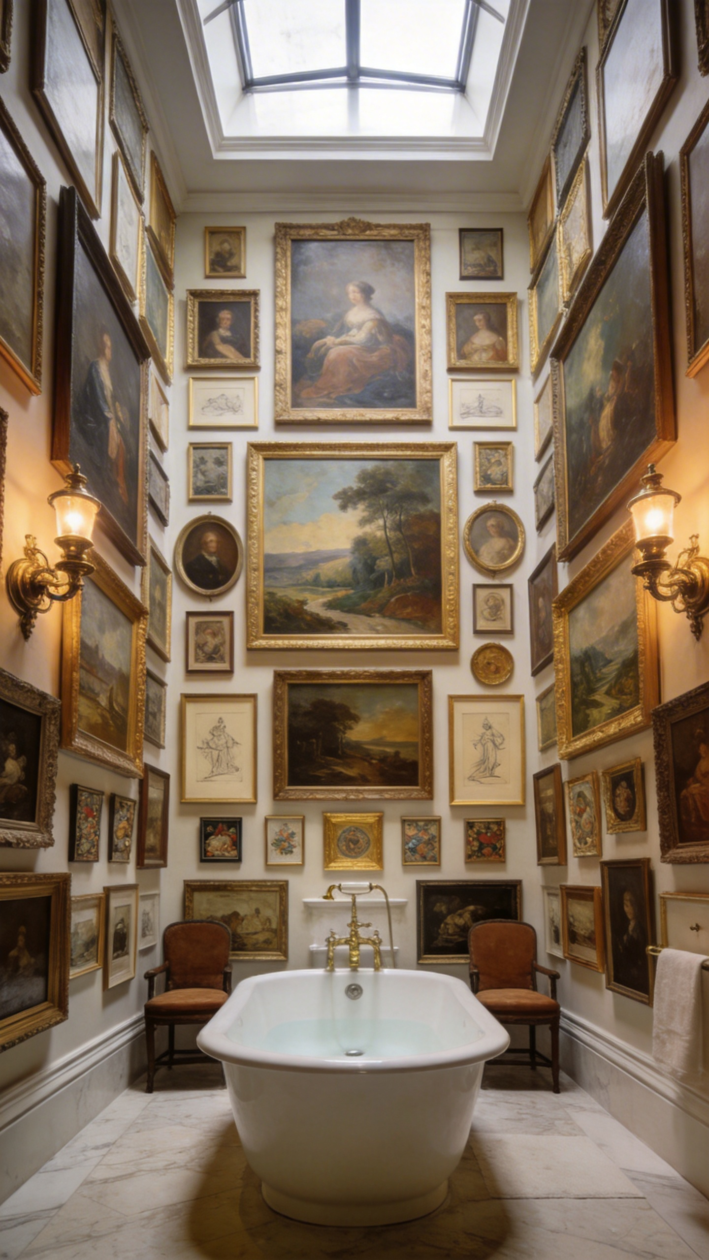 A luxurious bathroom featuring a floor-to-ceiling gallery of framed art pieces arranged behind a white freestanding soaking tub.