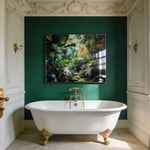 A modern luxury bathroom with a Victorian clawfoot tub and a waterproof metal art print on an emerald green wall.