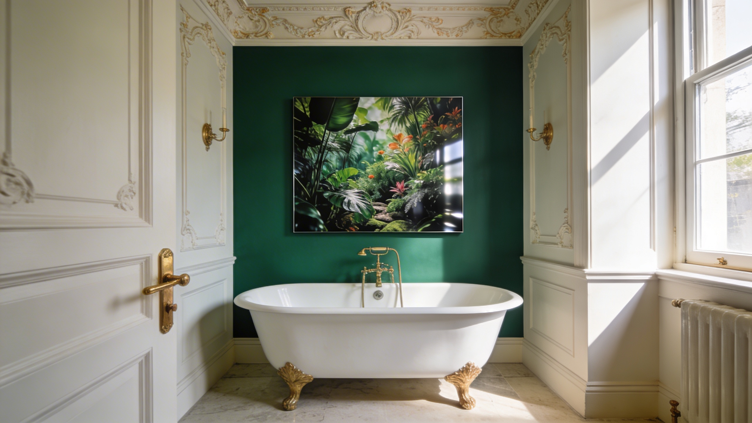 A modern luxury bathroom with a Victorian clawfoot tub and a waterproof metal art print on an emerald green wall.