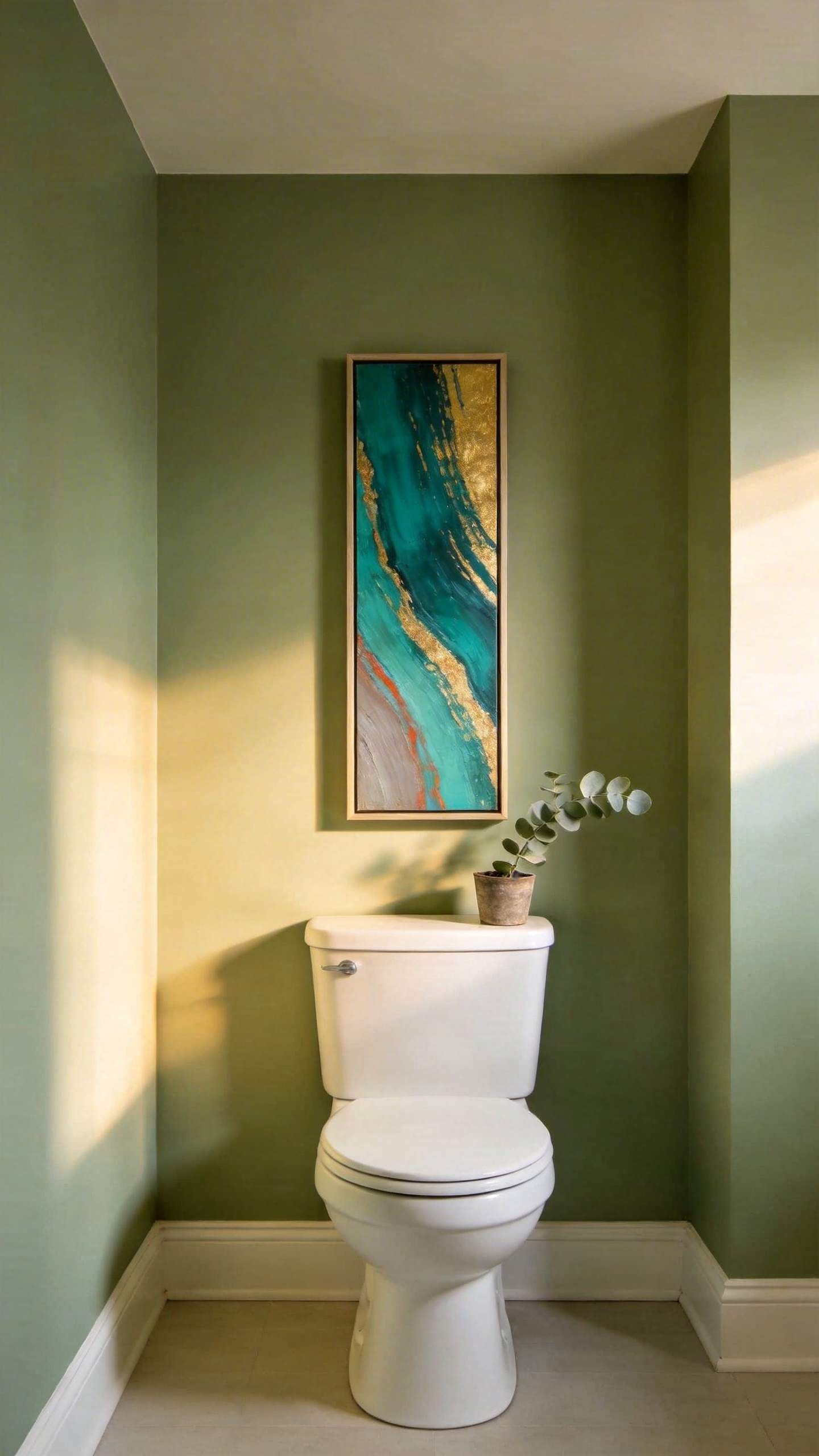 A modern bathroom showing a framed abstract painting perfectly centered and proportioned above a white toilet tank on a sage green wall.