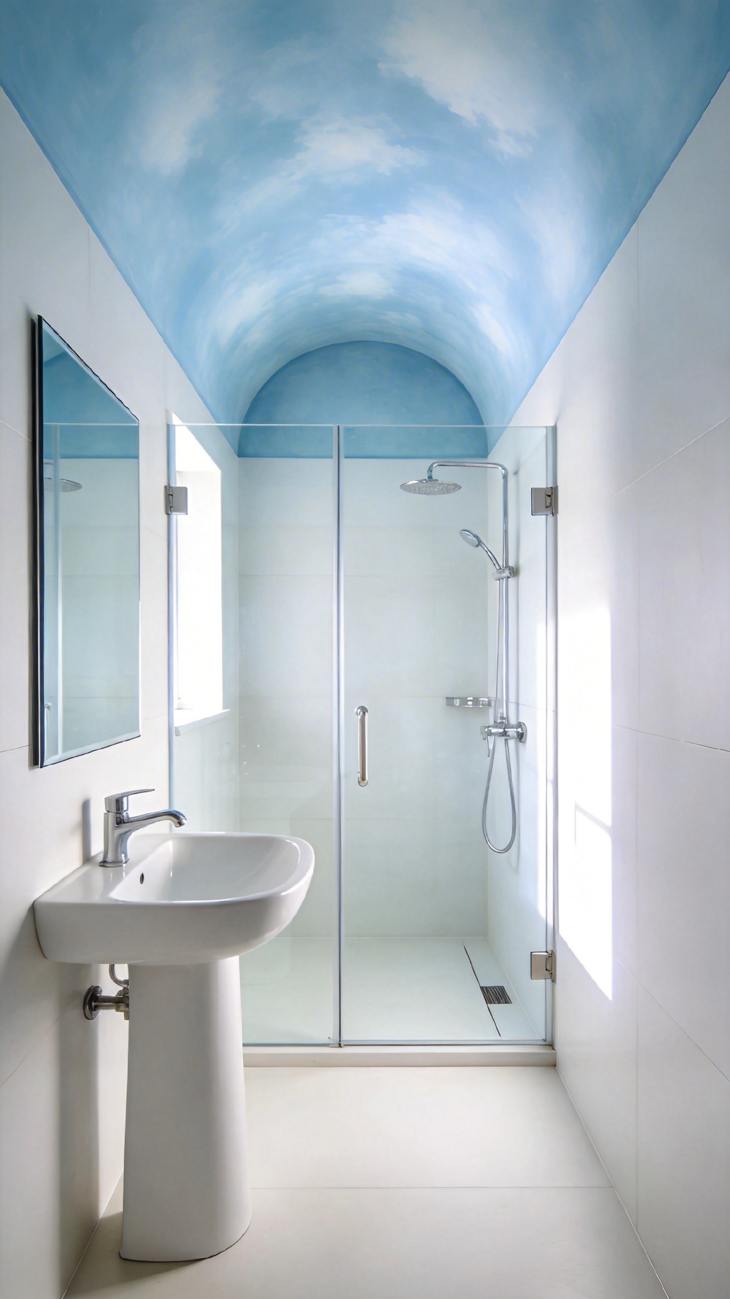 A small modern bathroom featuring a light blue ceiling and white walls to create an airy feeling of height through color theory.