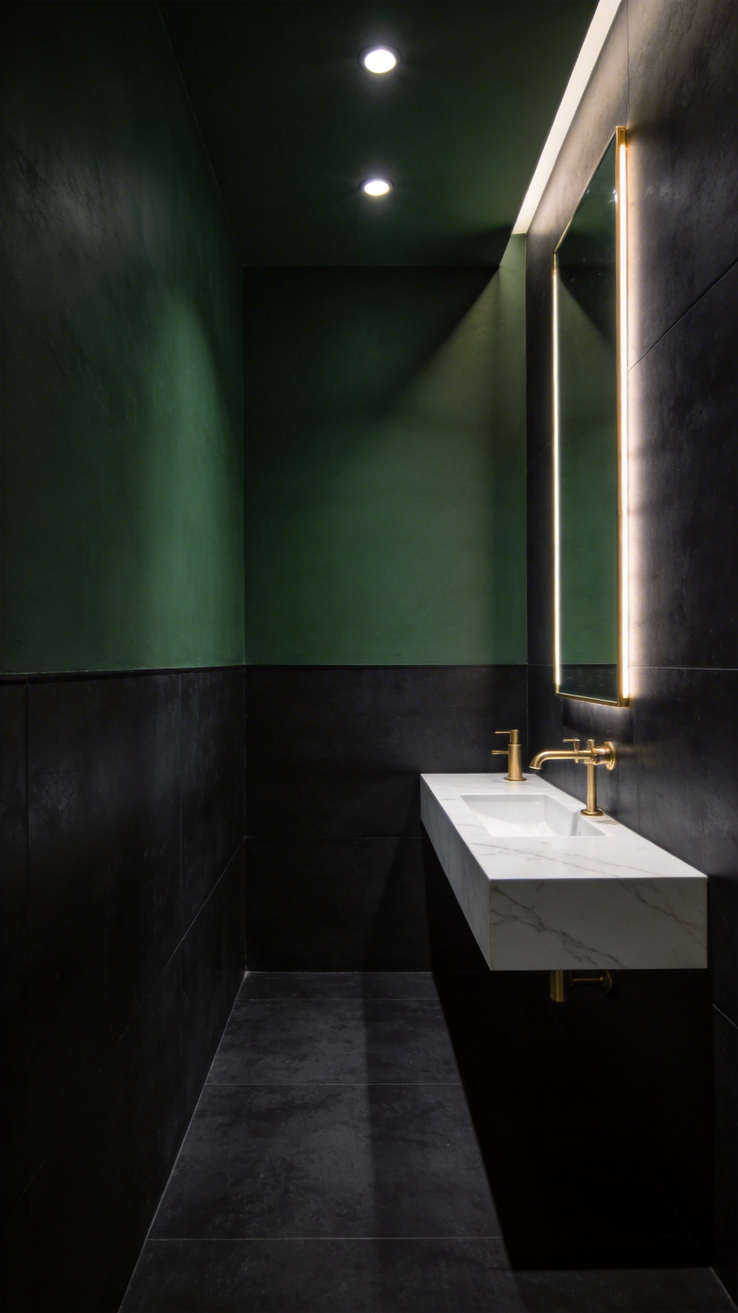 A small modern bathroom with dark charcoal walls and forest green accents demonstrating the receding wall effect for added depth.