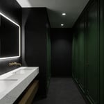 A small modern bathroom with dark charcoal walls and forest green accents demonstrating the receding wall effect for added depth.