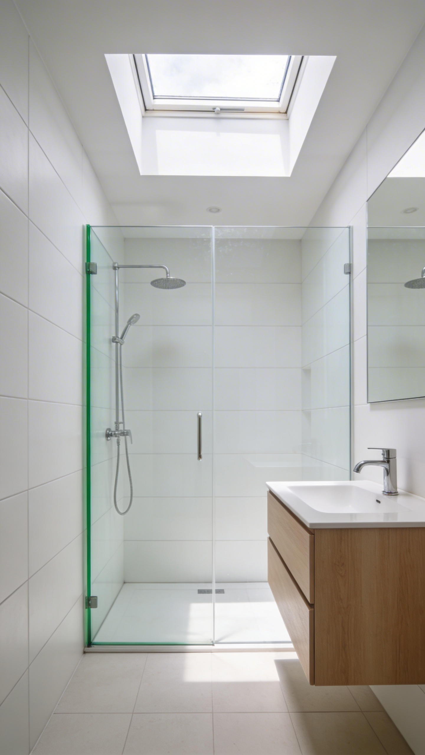 A modern small bathroom with a frameless low-iron glass shower enclosure that creates a seamless visual transition.