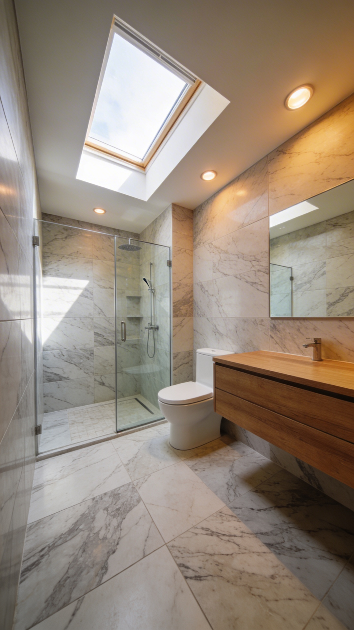 Minimalist small bathroom design featuring large-format marble tiles and a floating wood vanity to reduce visual stress.