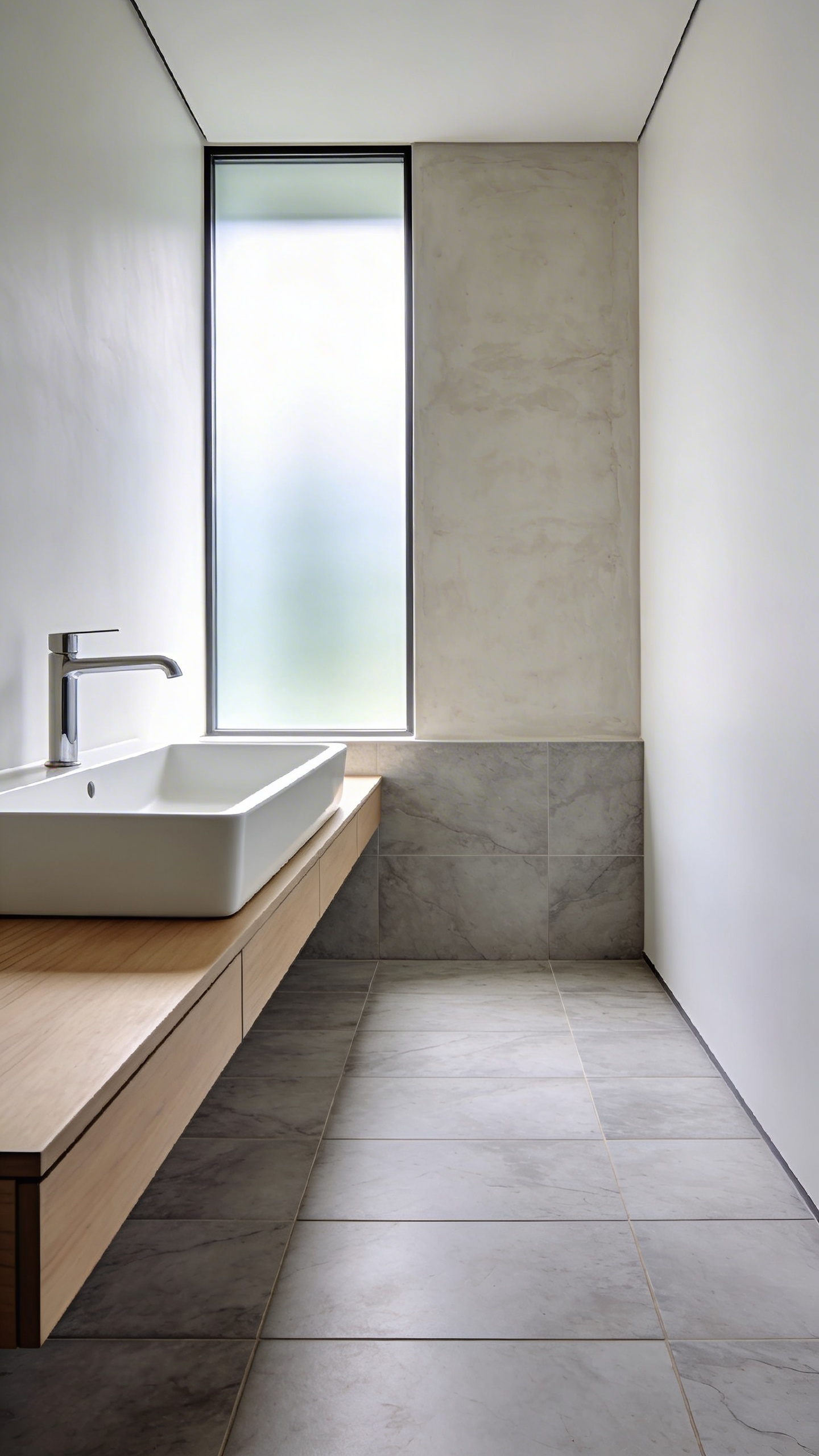 A compact bathroom design showing a low-profile trough basin on a floating vanity with visible floor space to increase perceived room size.