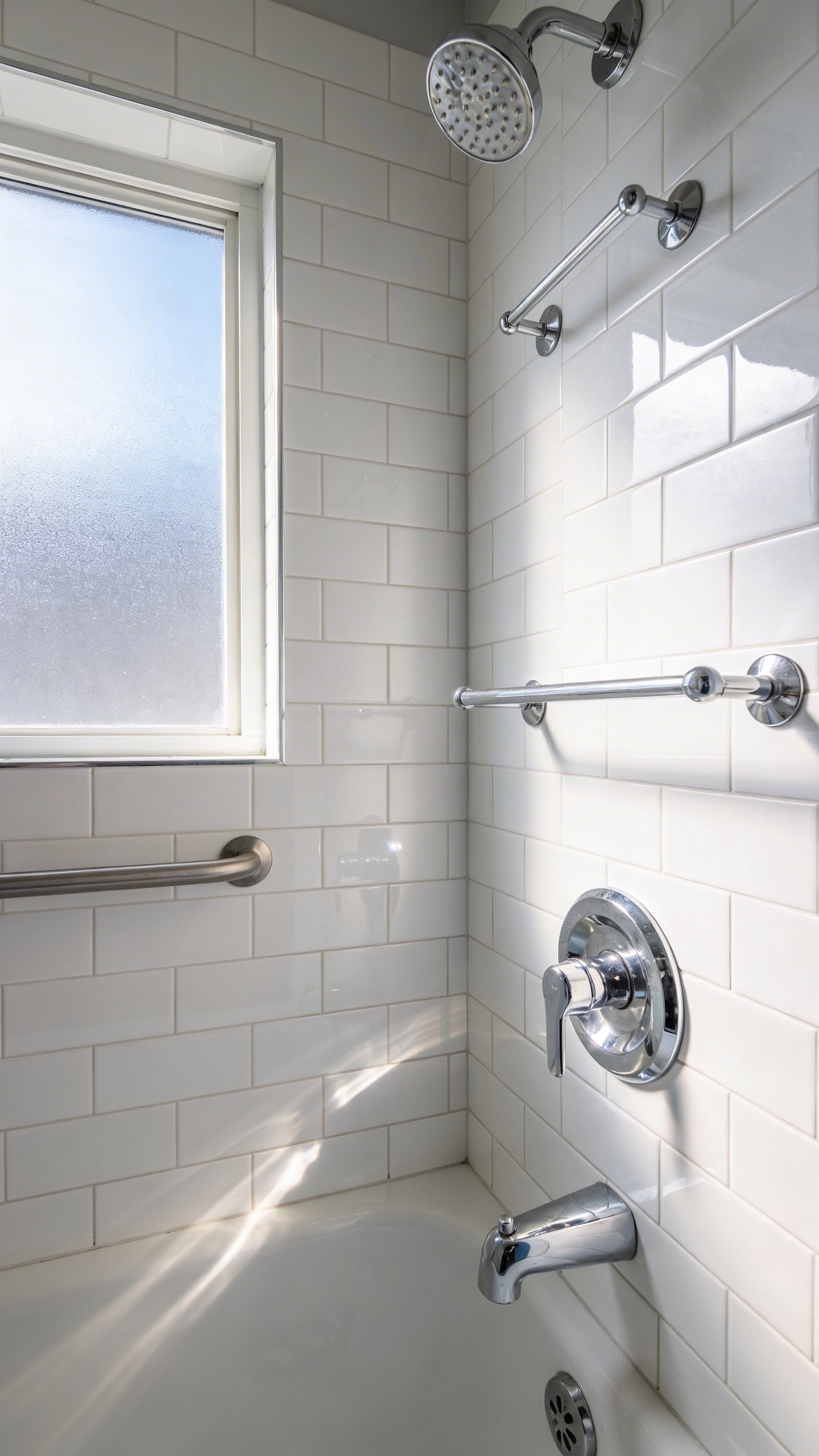 A small modern bathroom featuring polished metallic hardware that reflects bright light to create a sense of depth and openness.