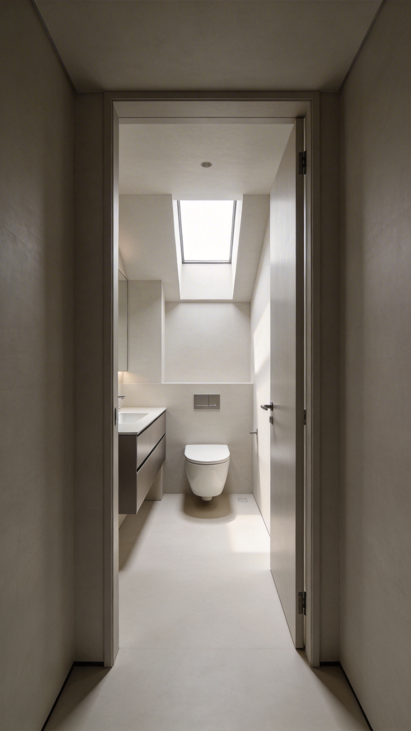 A small bathroom featuring tonal contrast reduction where the fixtures and walls are the same shade of greige to make the room appear larger.