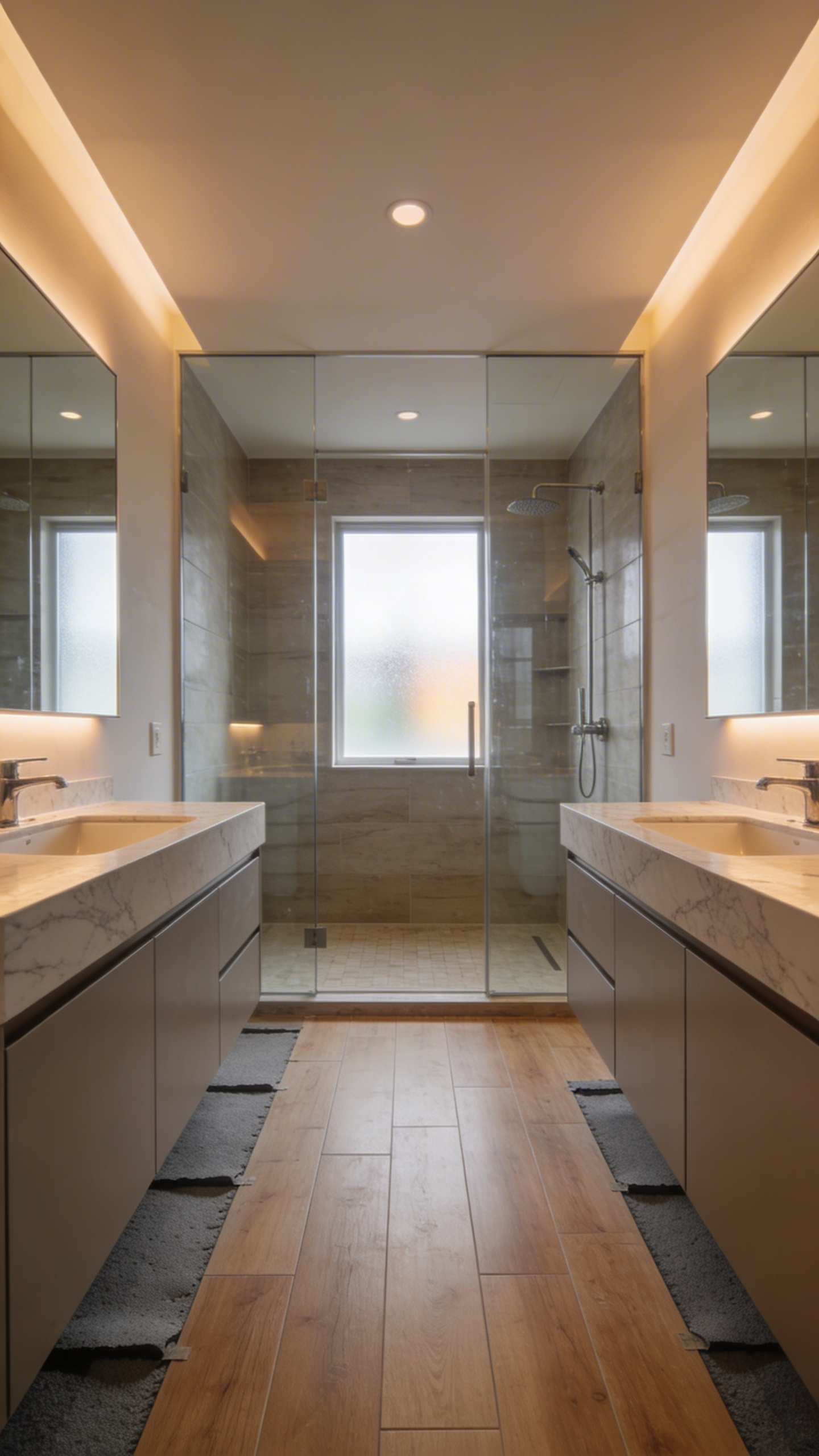 A wide-angle view of a modern bathroom renovation featuring wood-look tiles and a specialized sound-dampening underlayment layer.