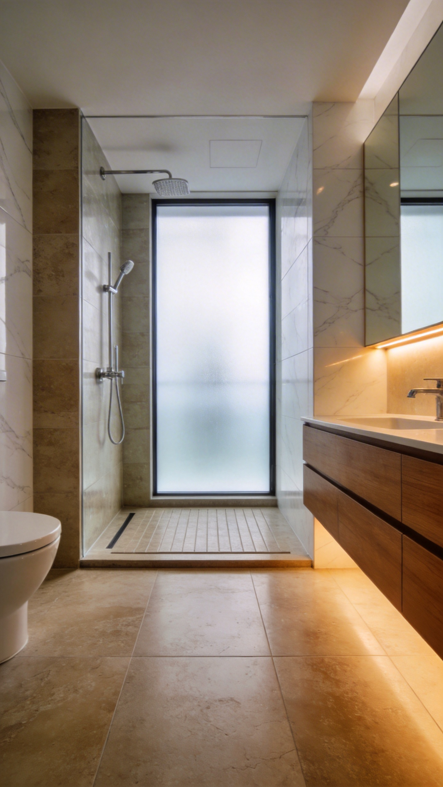 A bright modern bathroom with continuous sandstone tile flooring leading into a curbless walk-in shower to improve mobility and safety.