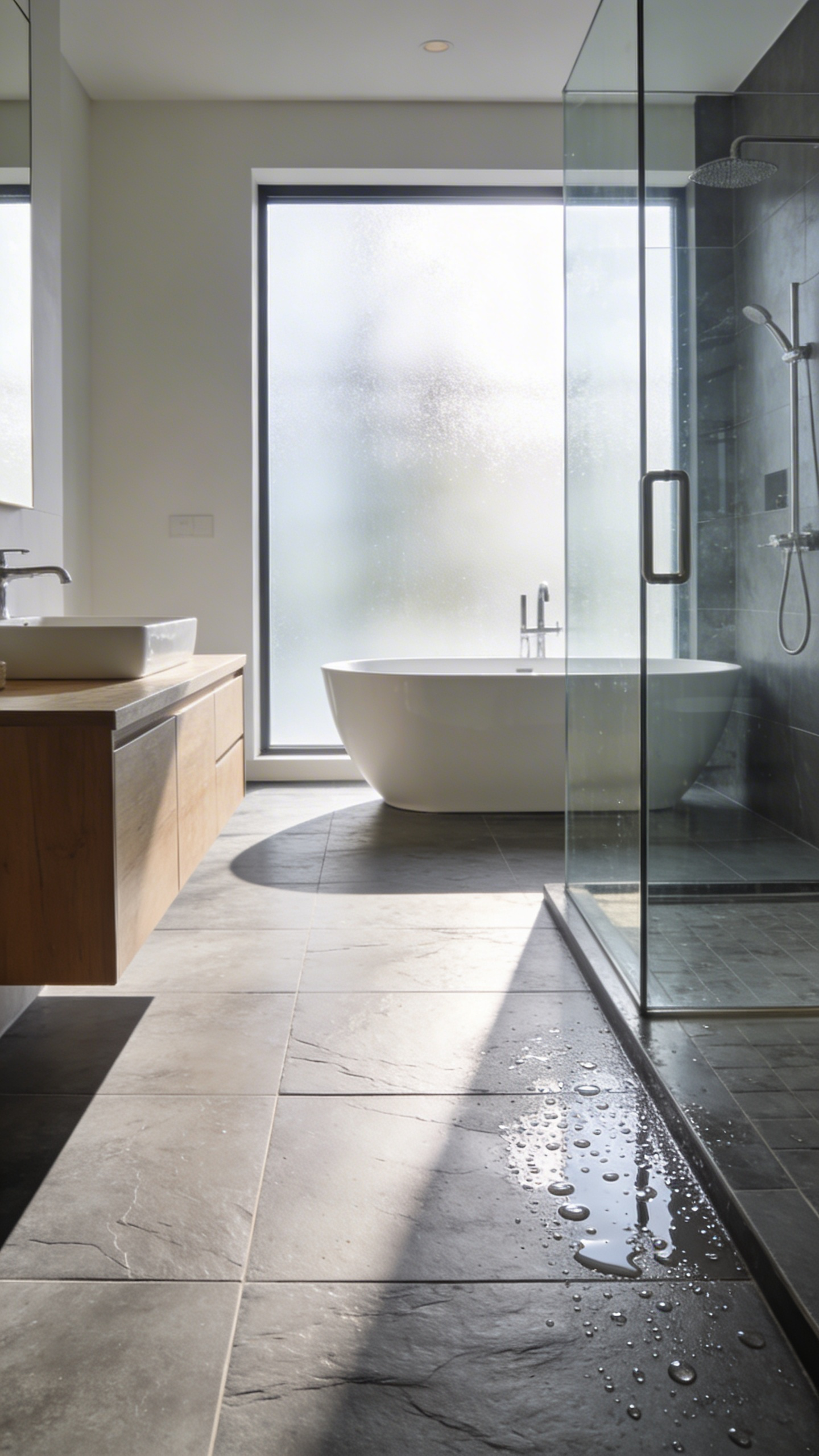A wide-angle view of a modern master bathroom with textured slate-gray floor tiles designed for slip resistance in wet conditions.