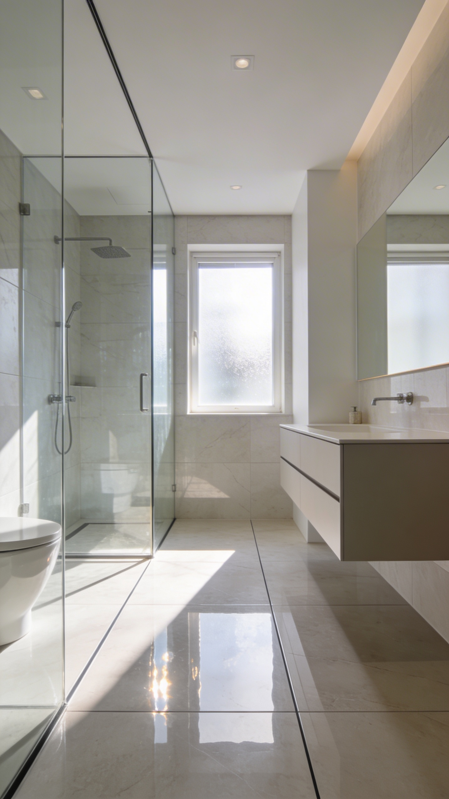A bright and clean modern bathroom featuring large format porcelain floor tiles and non-porous epoxy grout lines.