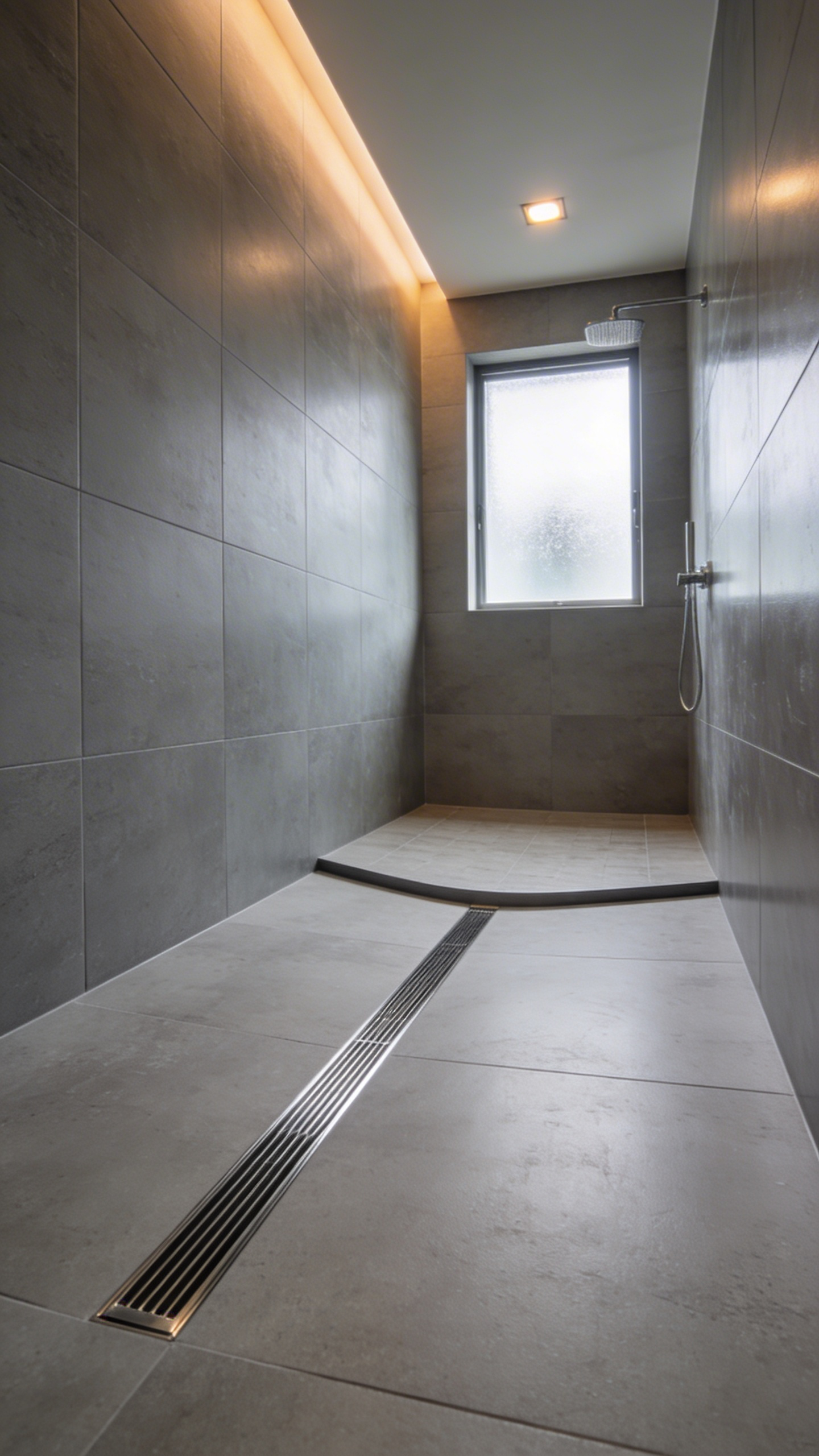 A modern luxury bathroom featuring large-format porcelain tile flooring that flows seamlessly into a walk-in shower with a minimalist linear drain.