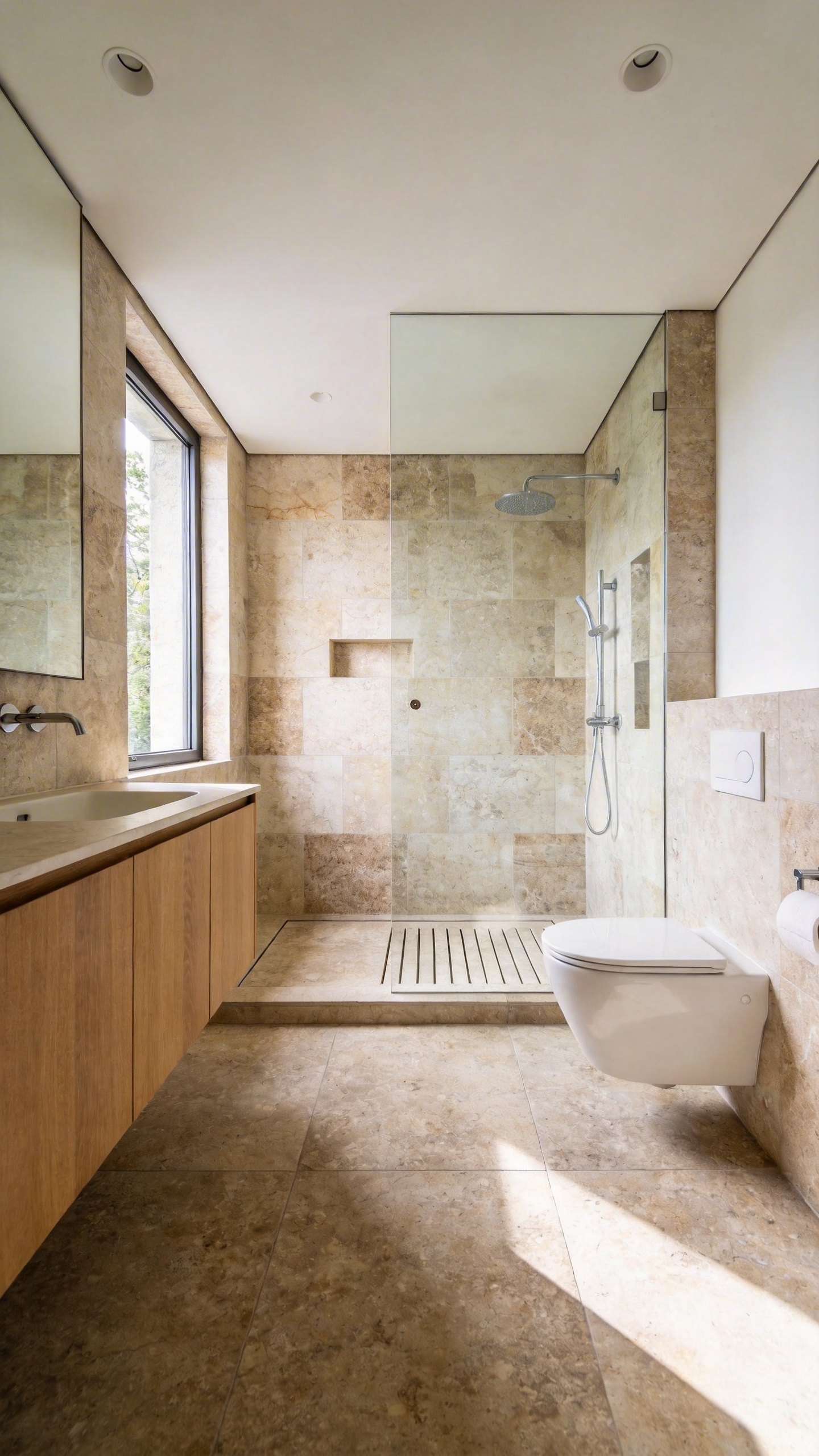 A modern accessible bathroom showcasing large matte-finish natural stone floor tiles and a curbless shower entry.