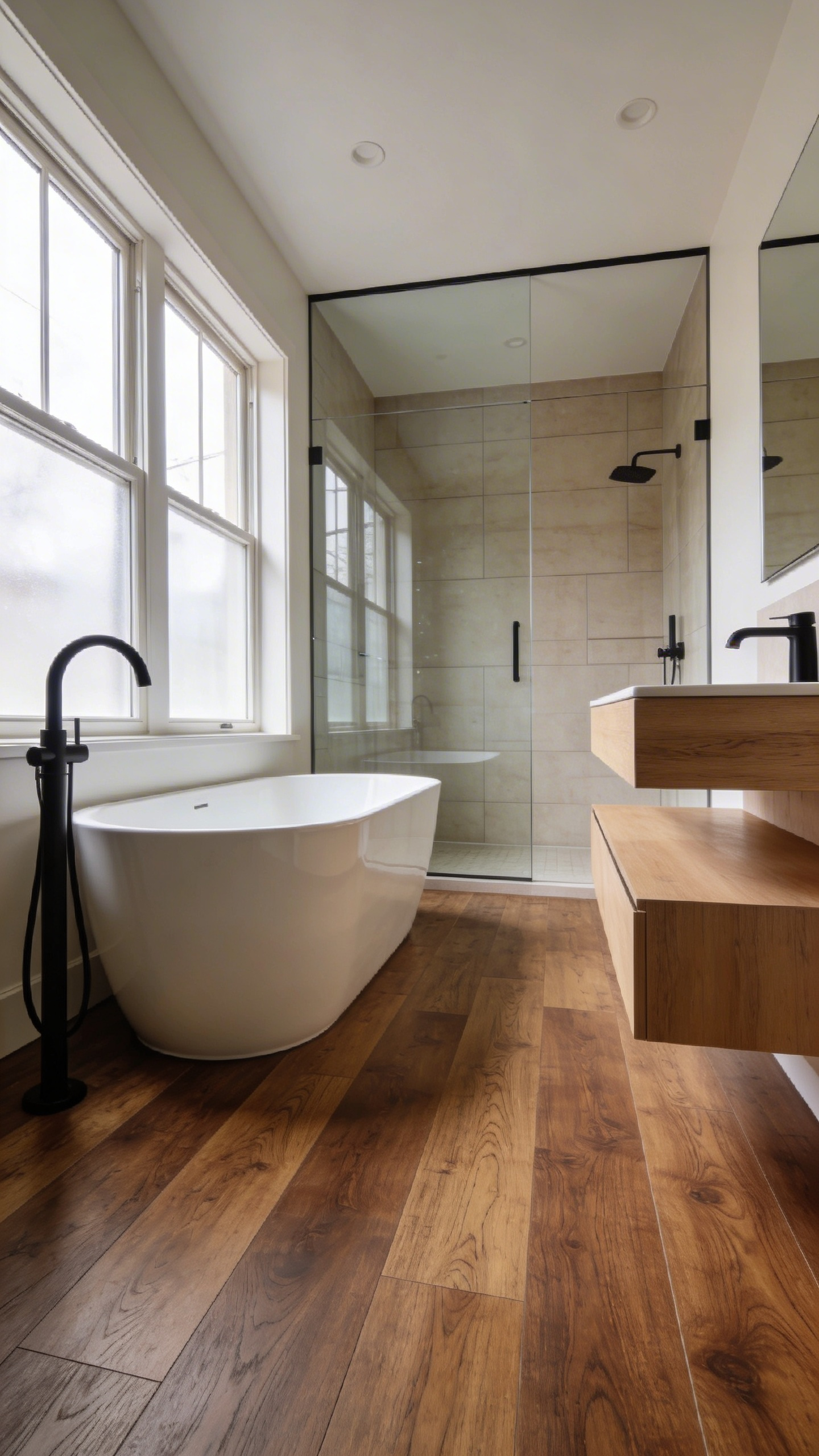 A spacious modern bathroom featuring wood-textured luxury vinyl plank flooring and a white freestanding bathtub.