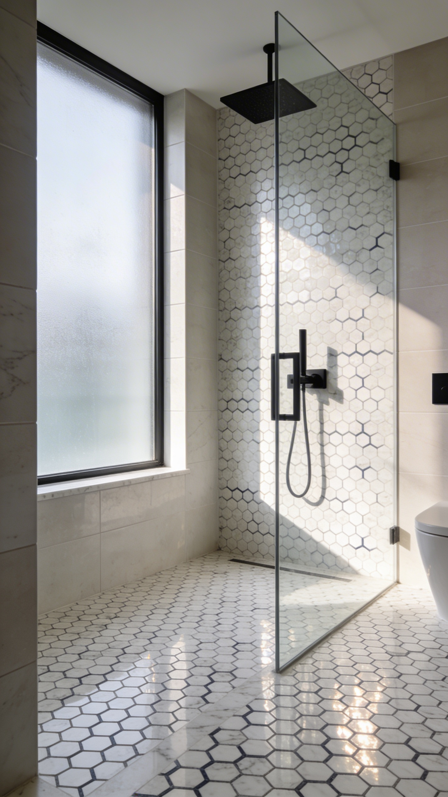 A wide-angle view of a modern luxury bathroom featuring small hexagonal mosaic floor tiles with prominent grout lines for slip resistance.