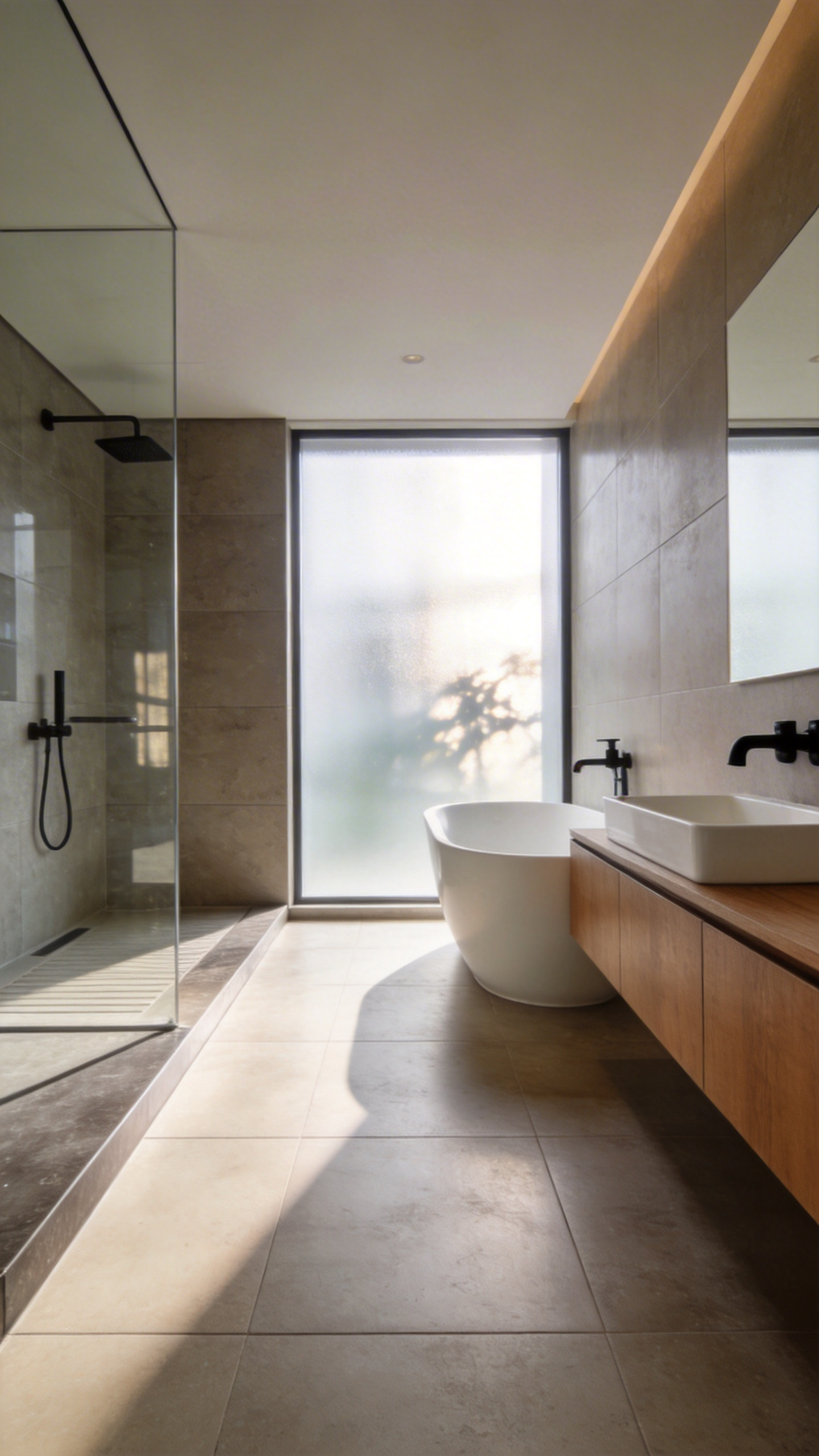 A modern bathroom renovation showcasing durable gray porcelain tile flooring and a seamless wet-room design.