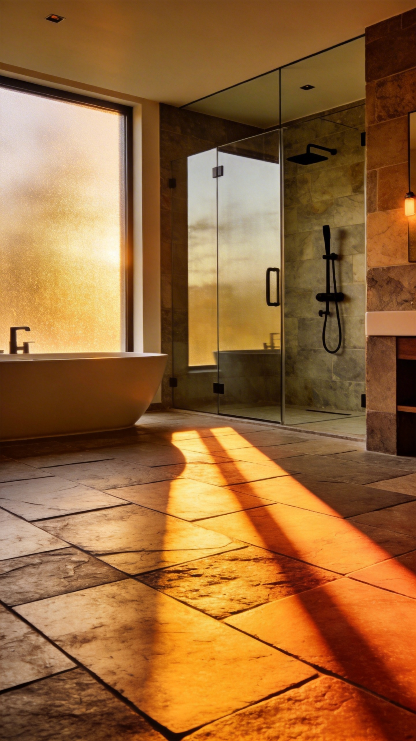 A spacious and modern luxury bathroom featuring heated slate tile flooring and a freestanding tub under soft morning sunlight.
