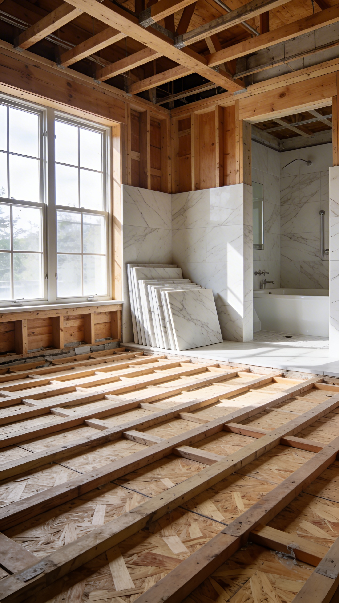 A professional bathroom renovation scene showing a reinforced wooden subfloor and stacks of marble tiles ready for installation.