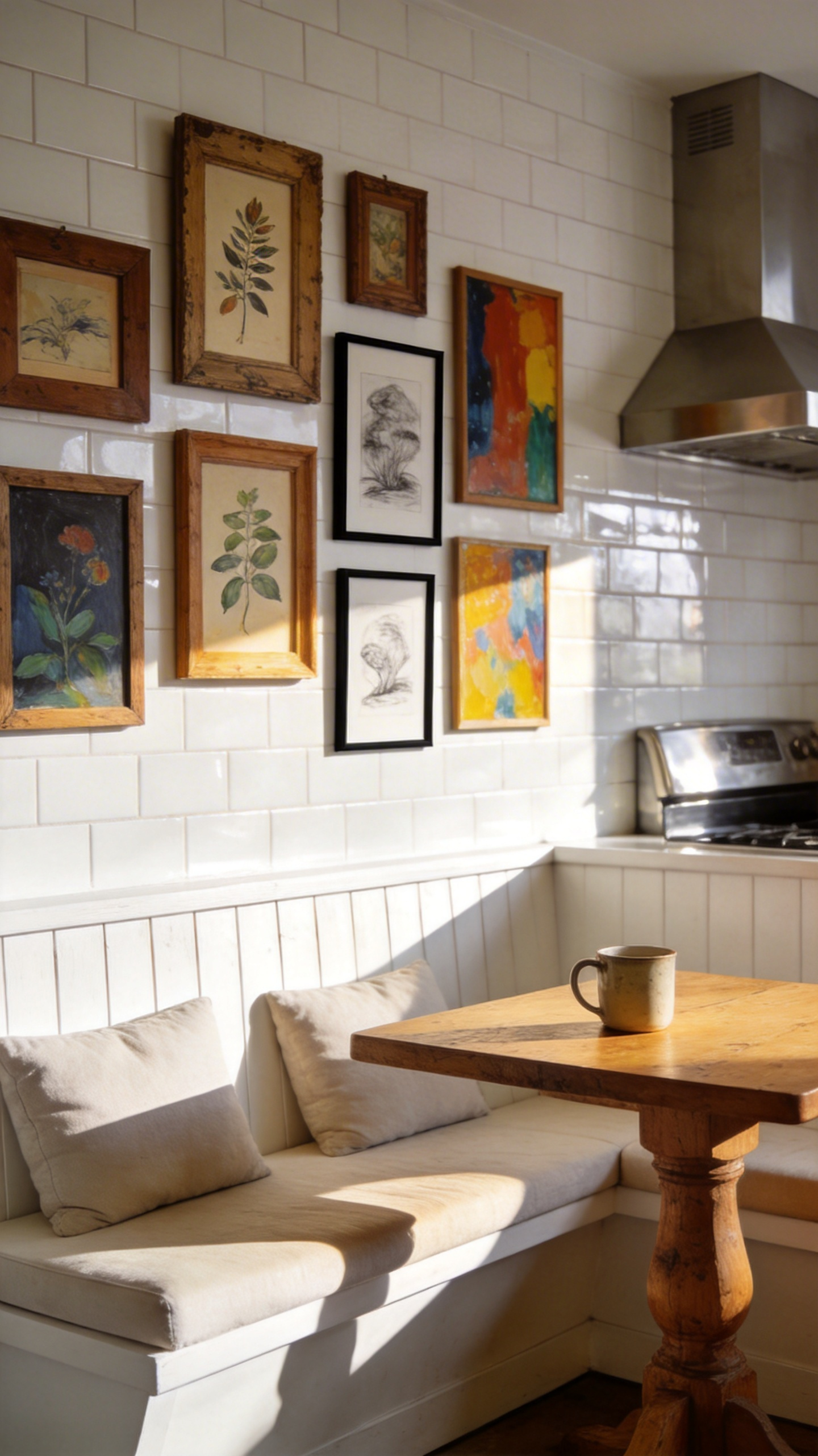 A cozy kitchen breakfast nook featuring a curated gallery wall of small framed art pieces above a built-in wooden bench and dining table.
